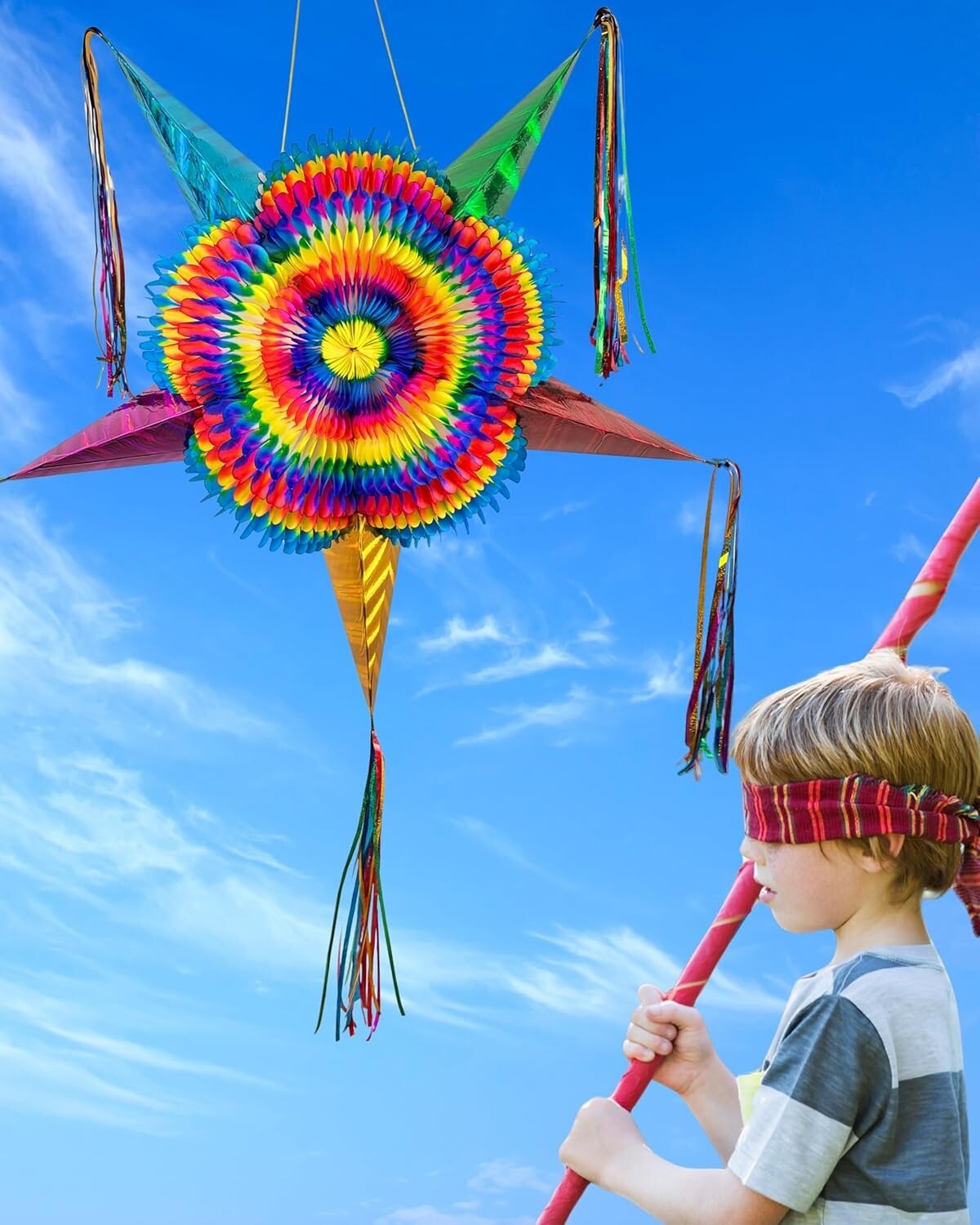 Authentic Handmade Rainbow Piñata - 32" Star Design with 30-ft Rope for Parties