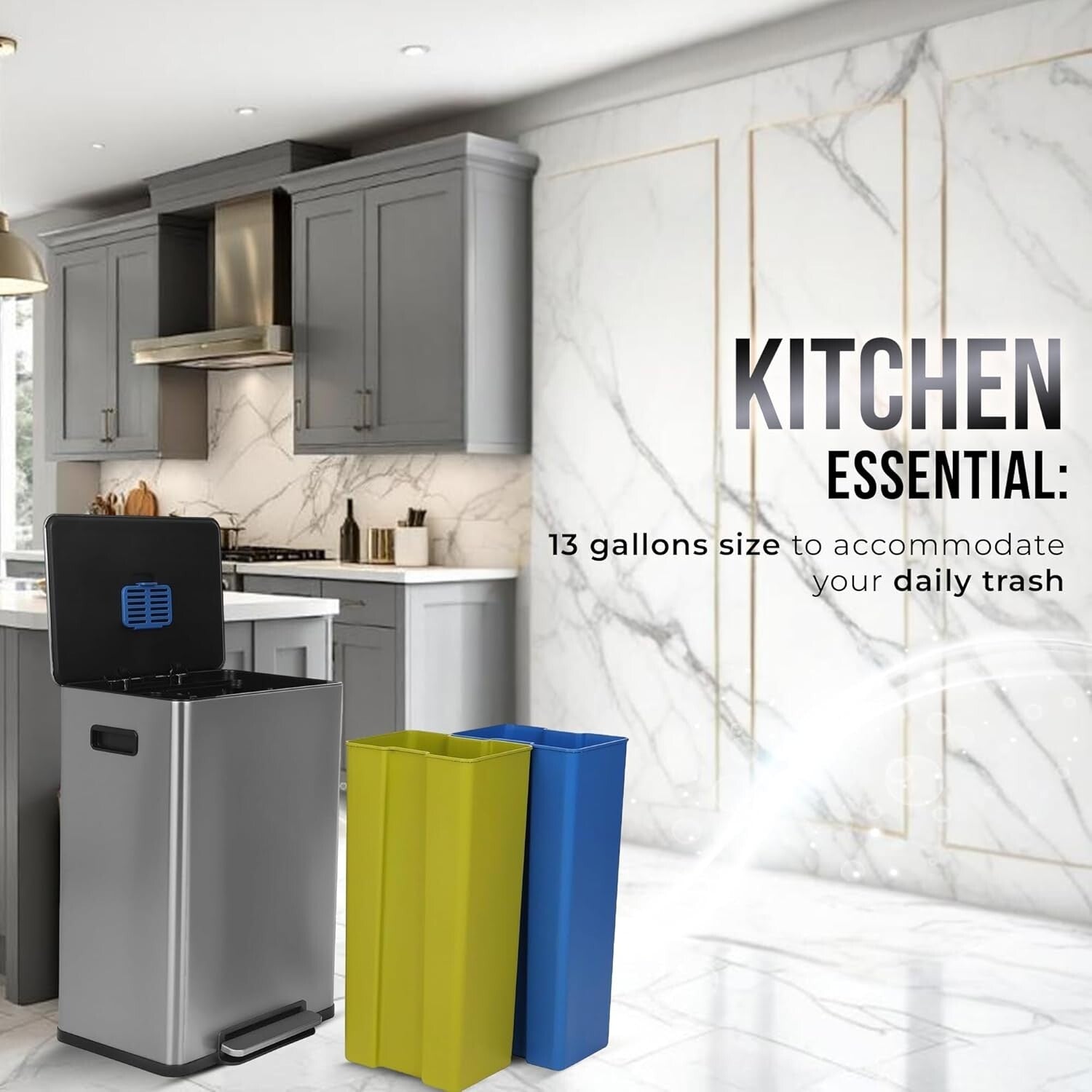 Polished 16 Gallon Rectangular Recycling Bin with Soft-Close and Odor Control