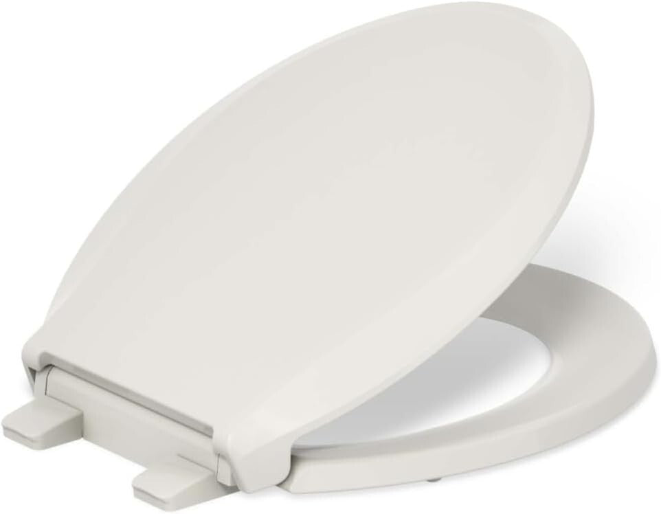 Modern Almond Round Toilet Seat with Grip-Tight Bumpers and Quiet-Close Lid