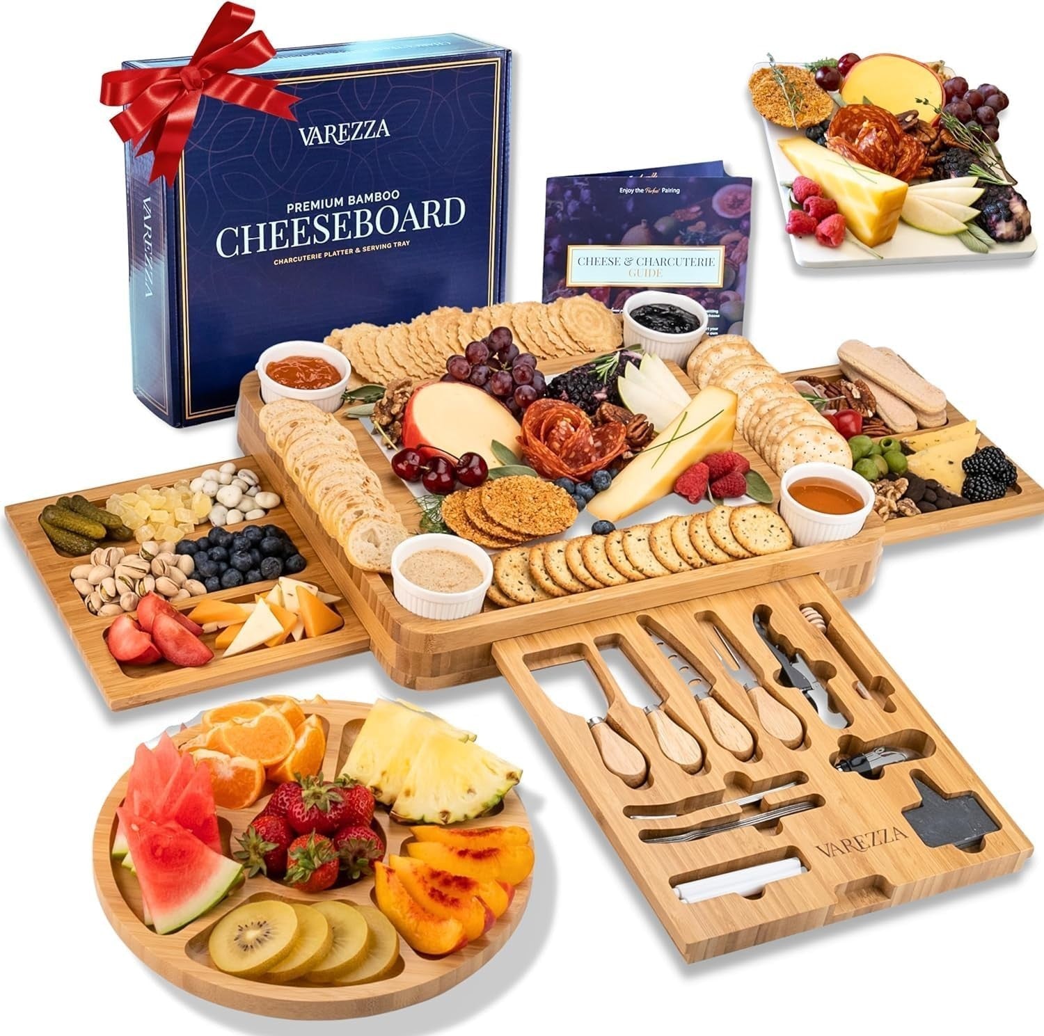 Extra Large Marble & Bamboo Charcuterie Board Set - 27 Entertaining Accessories