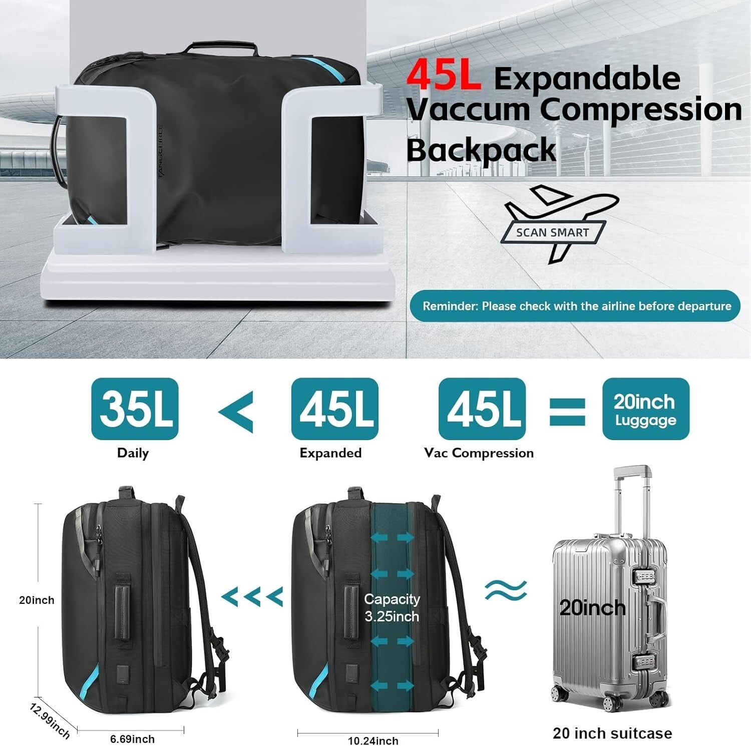 Durable Vacuum Compression Backpack with Water Resistance and USB Port - 45L