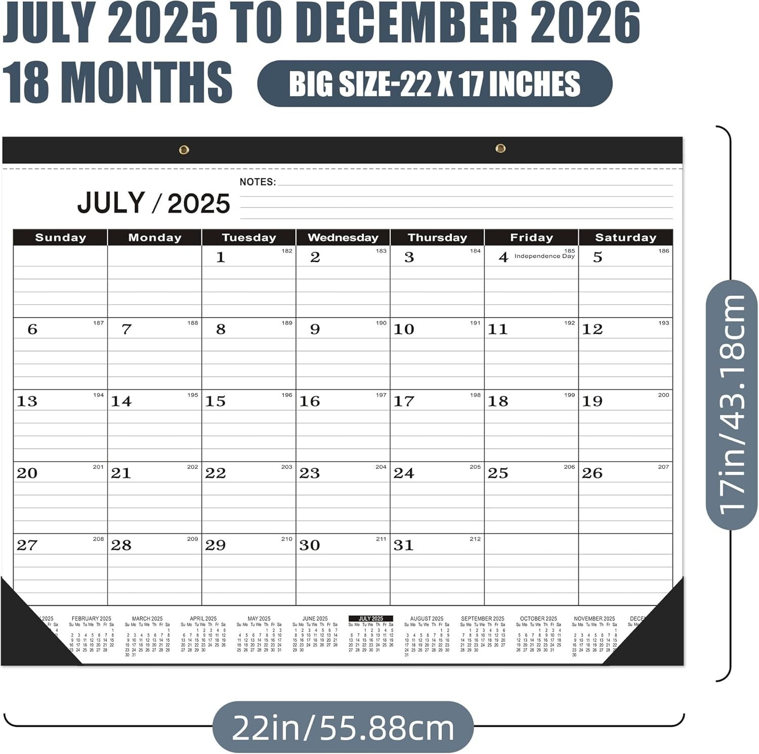 2025-2026 Large Desk Calendar 22 x 7 - Classic Black for Professional Planning