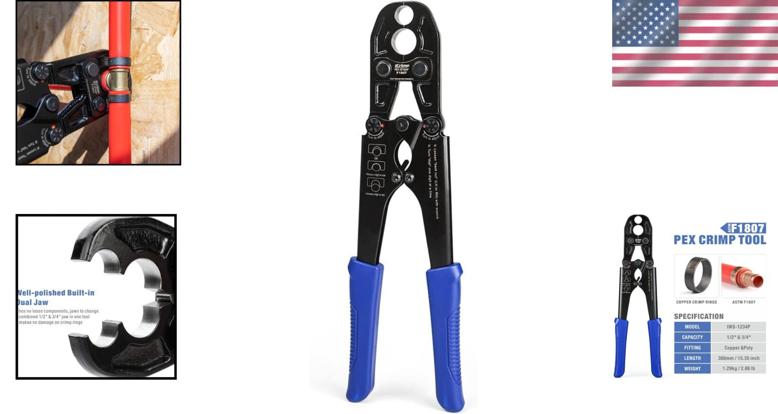Ergonomic PEX Crimping Tool Kit for 3/8 to 1 in Copper Rings - ASTM Approved