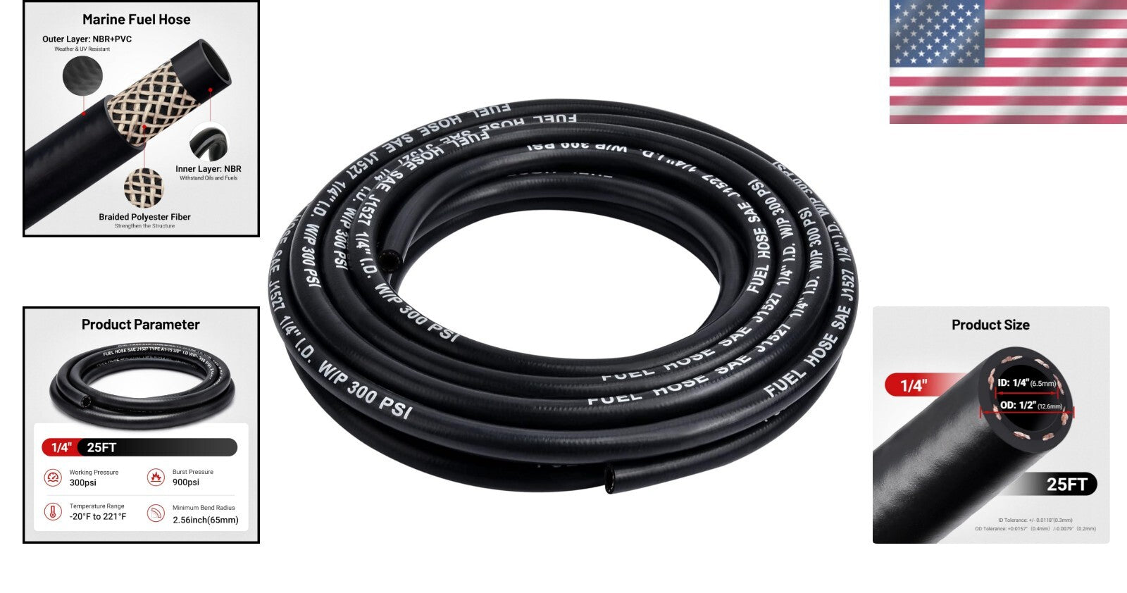 1/4" ID x 25FT Marine Fuel Hose A1-15 - Reliable for Gas & Diesel Applications