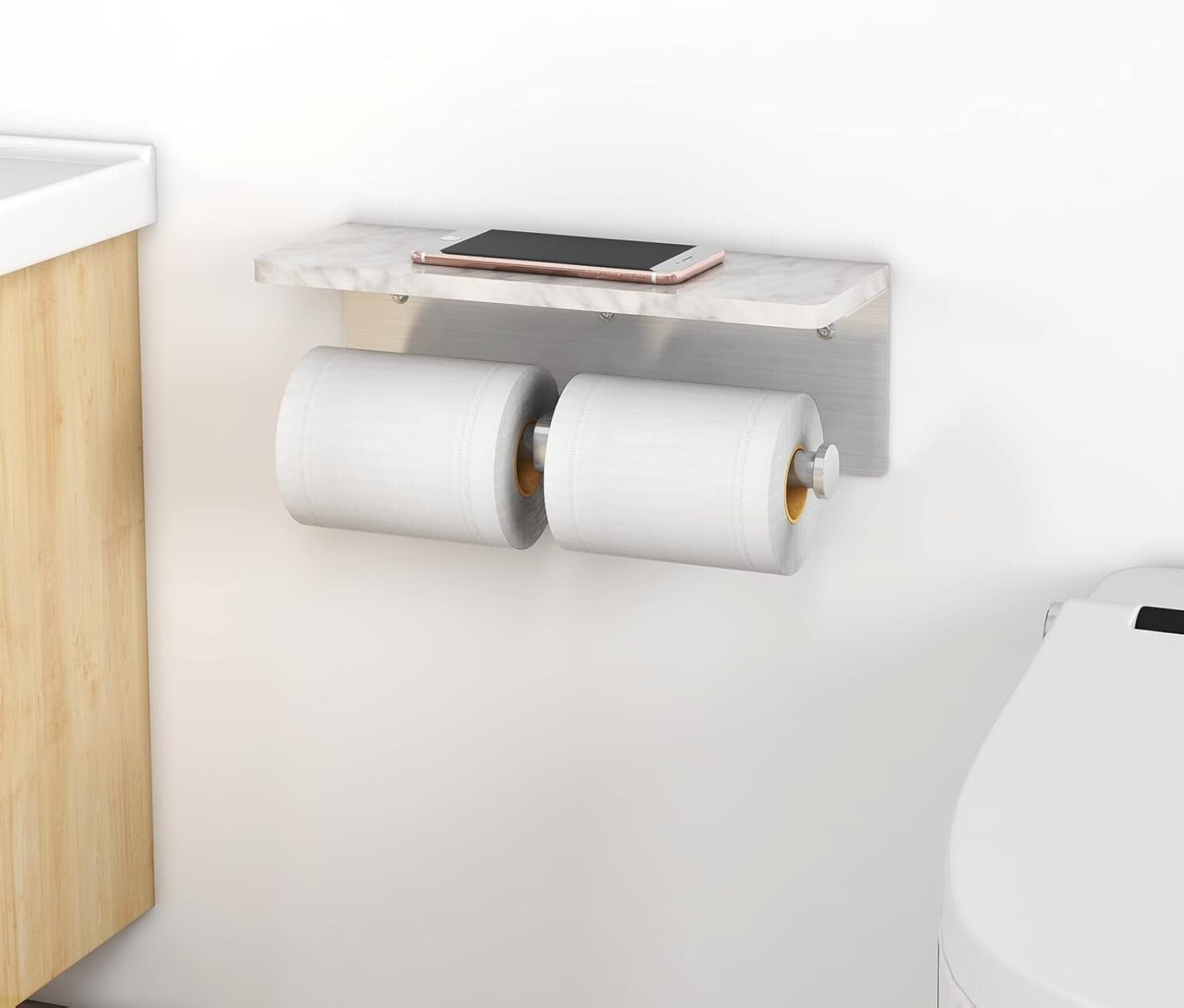 Brushed Nickel Double Toilet Paper Holder with Elegant Marble Shelf - Modern ...