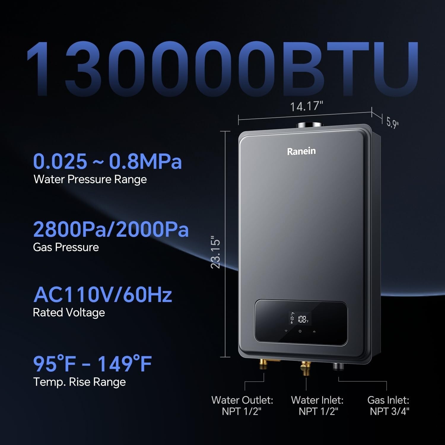 Natural Gas Tankless Water Heater - 5.3 GPM, 130,000 BTU - Unlimited Hot Water