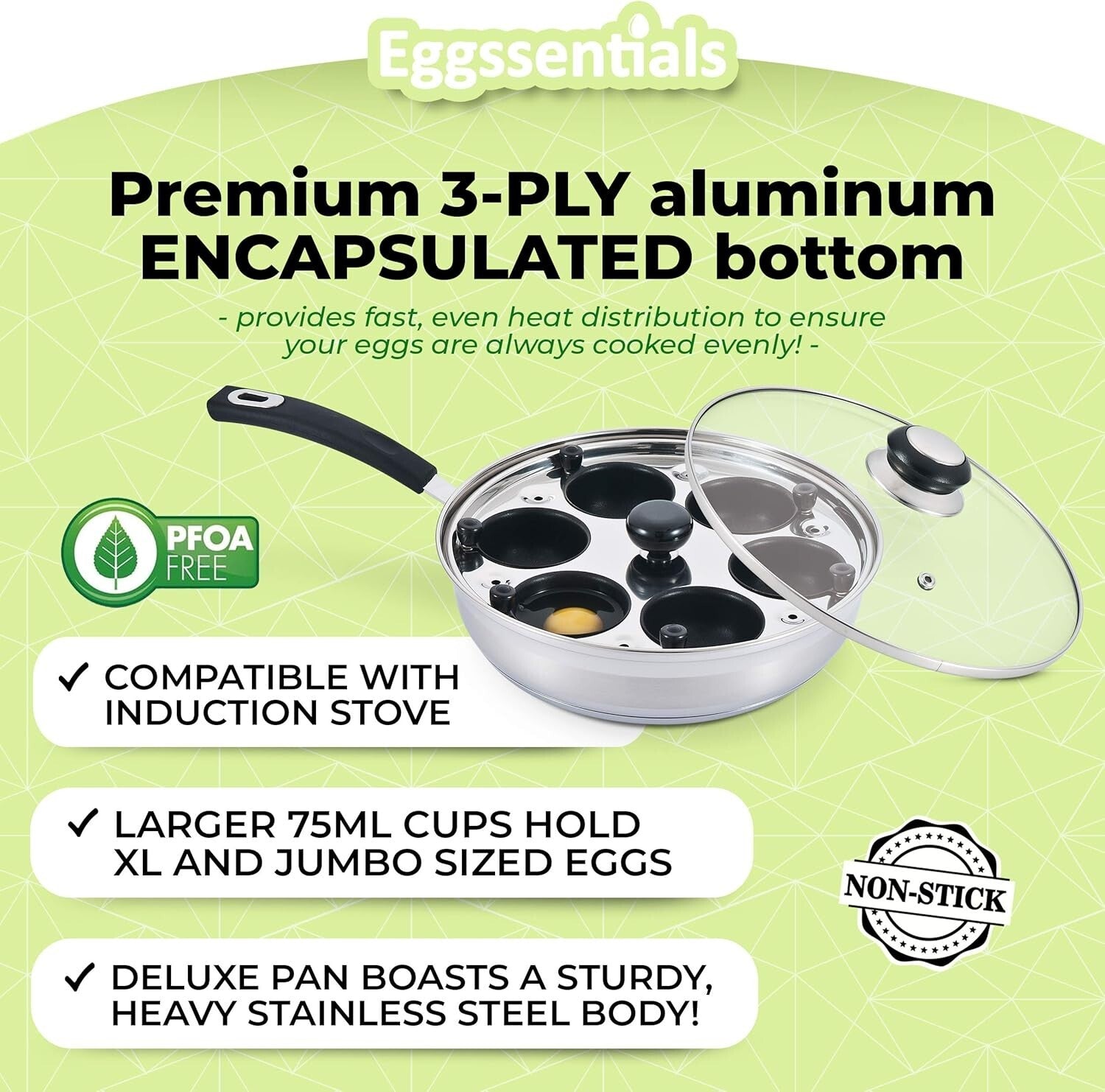 Deluxe Non-Stick PFOA-Free Egg Poacher Pan – 6 Cup Stainless Steel Cooker