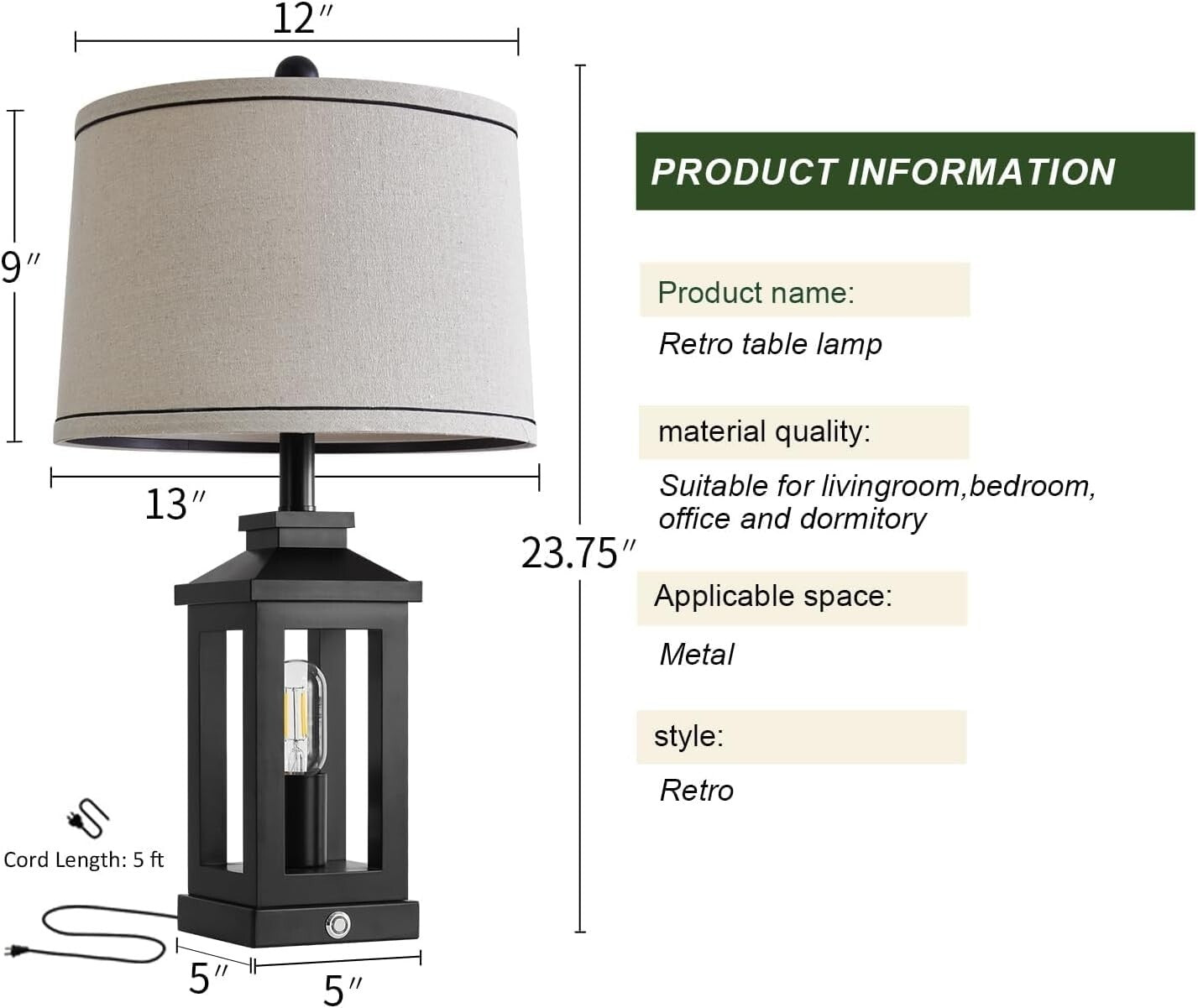 Elegant 23.75" Vintage Modern Table Lamps with Dimmable Touch Control - 2 Pack
