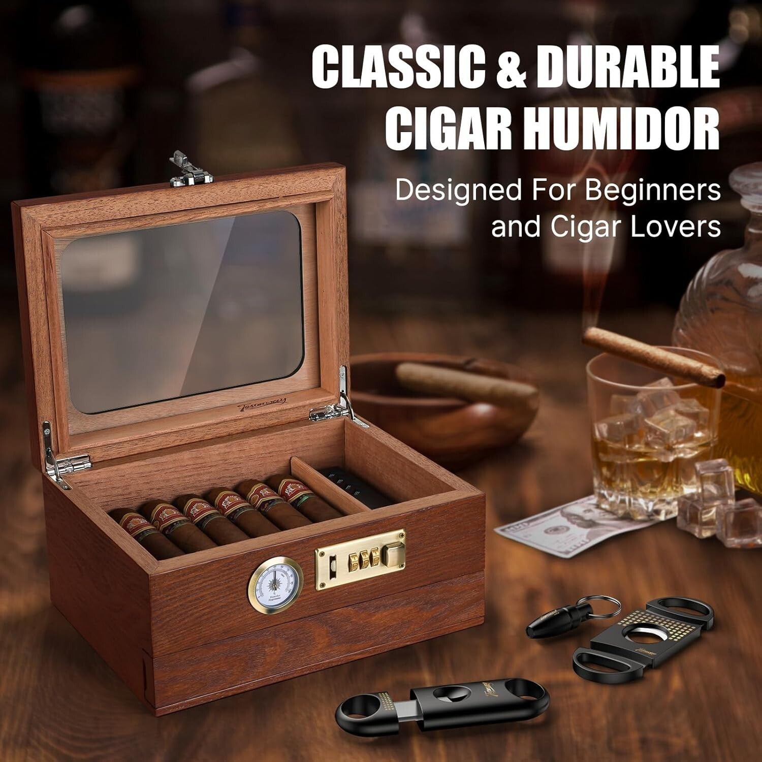 Stylish Desktop Cigar Box with Humidification & Security Features - Perfect Gift