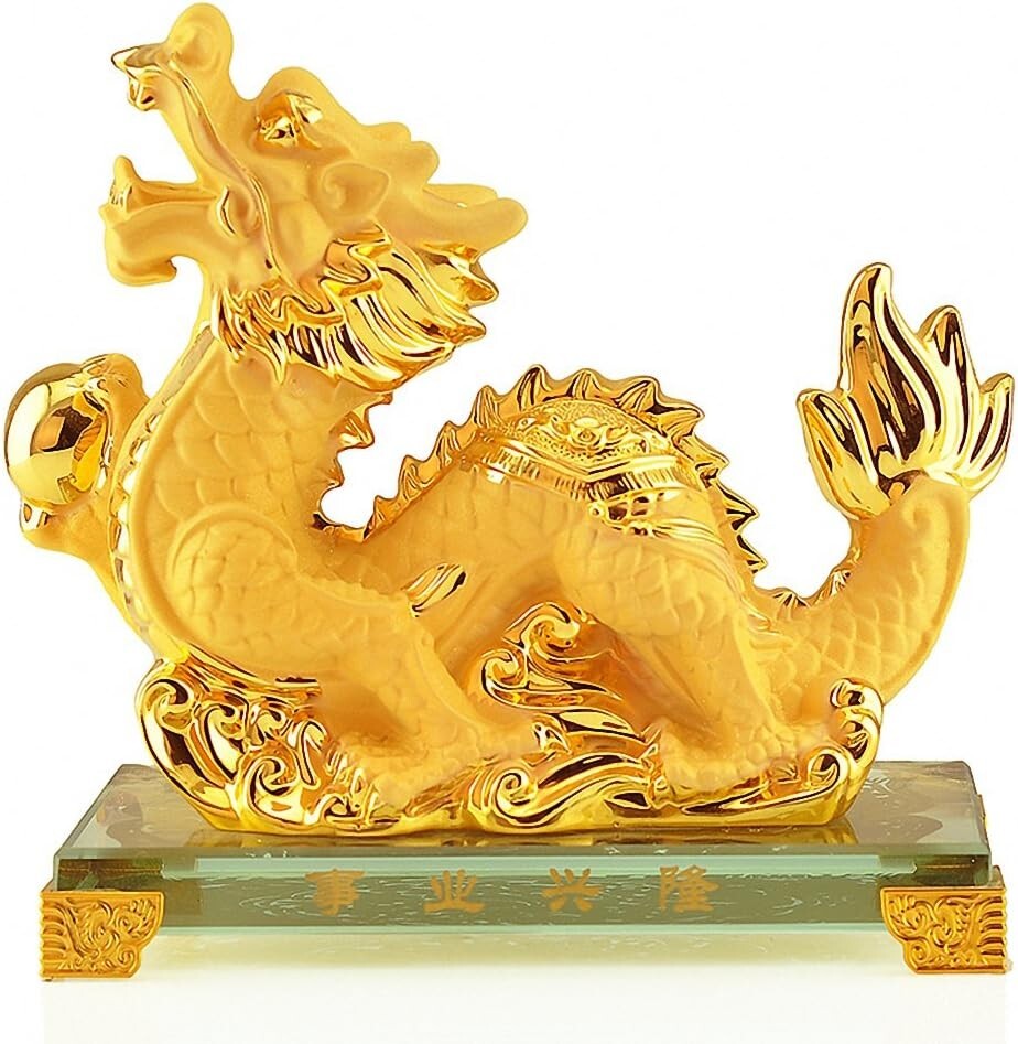 2024 Year of the Dragon Large Golden Resin Figurine - Collectible Table Decor