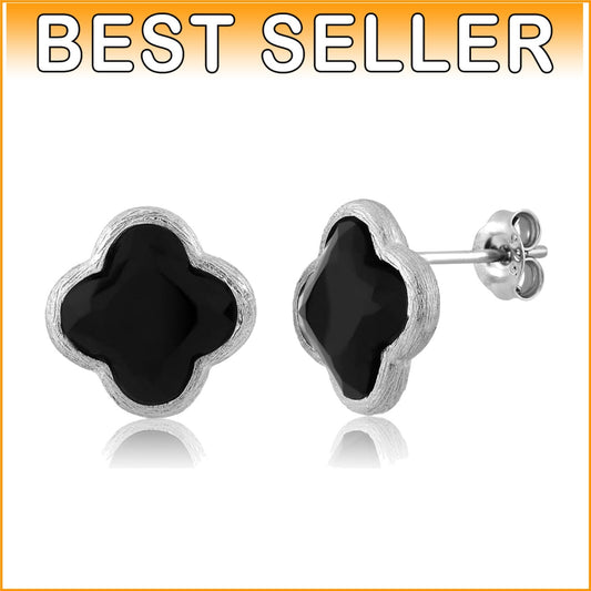 Elegant 18K Gold Plated Sterling Silver Flower Clover Black Onyx Stud Earrings