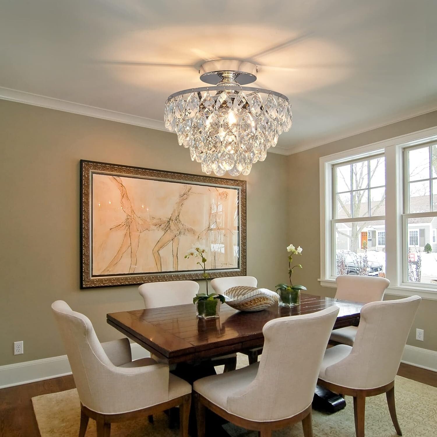Elegant Small Crystal Chandelier Ceiling Light - Modern Semi Flush Mount Fixture