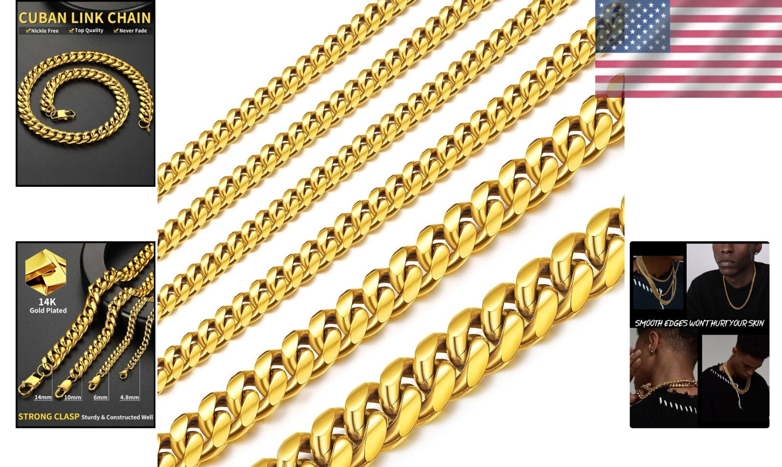 14K Gold Plated Cuban Link Necklace for Men - Adjustable Length, Multiple Widths