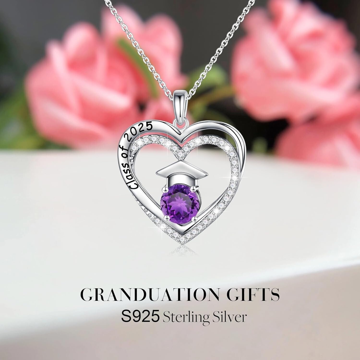 Engraved Class of 2025 Birthstone Necklace - Sterling Silver Graduation Jewelry