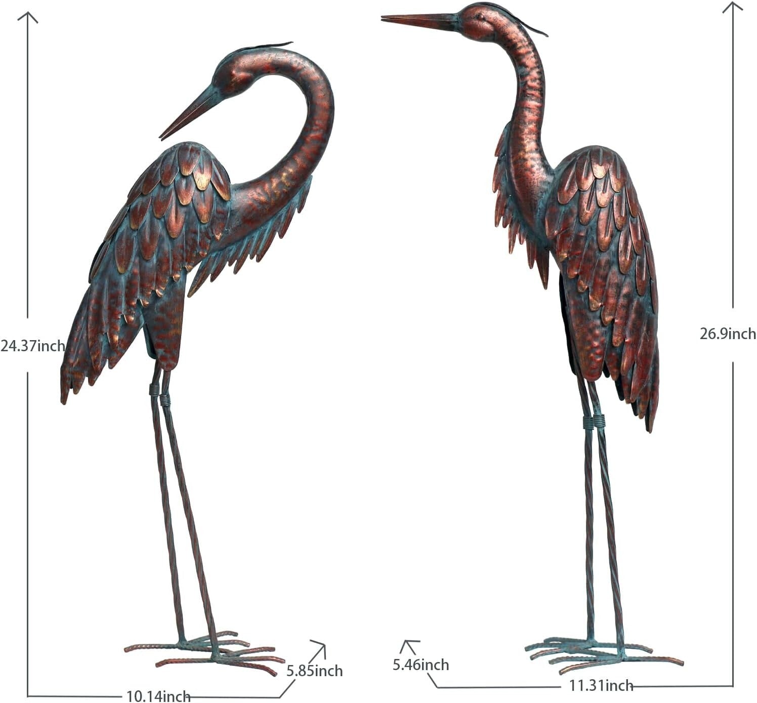 Freestanding Patina Metal Crane Statues - Majestic Garden Decor for All Seasons