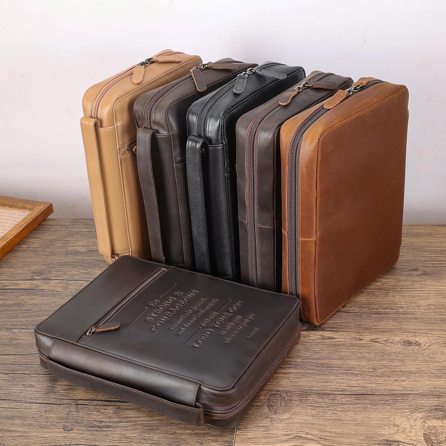 Luxurious Leather Bible Carrying Case Organizer with Zipper Closure - Dark Brown