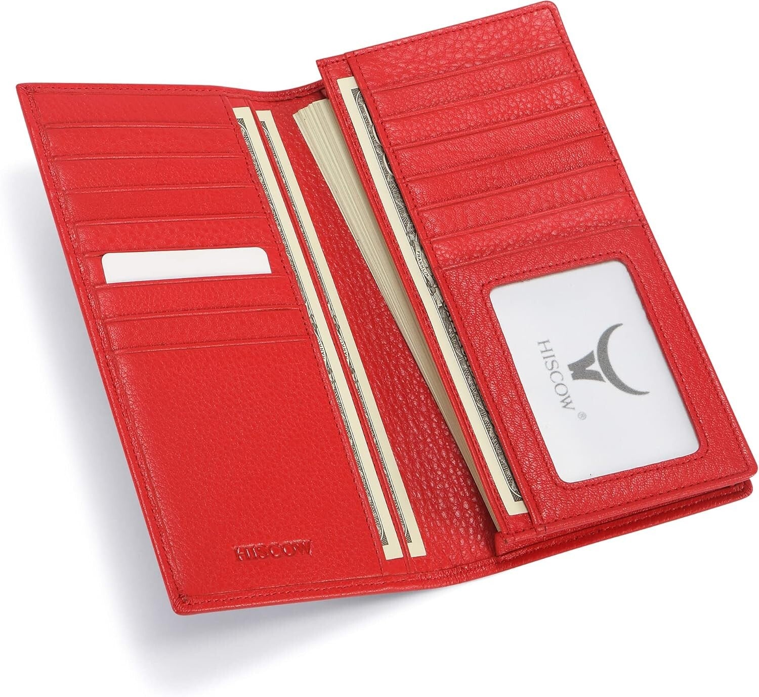 Luxury Bifold Wallet in Pebbled Red Italian Calfskin with 15 Card Slots