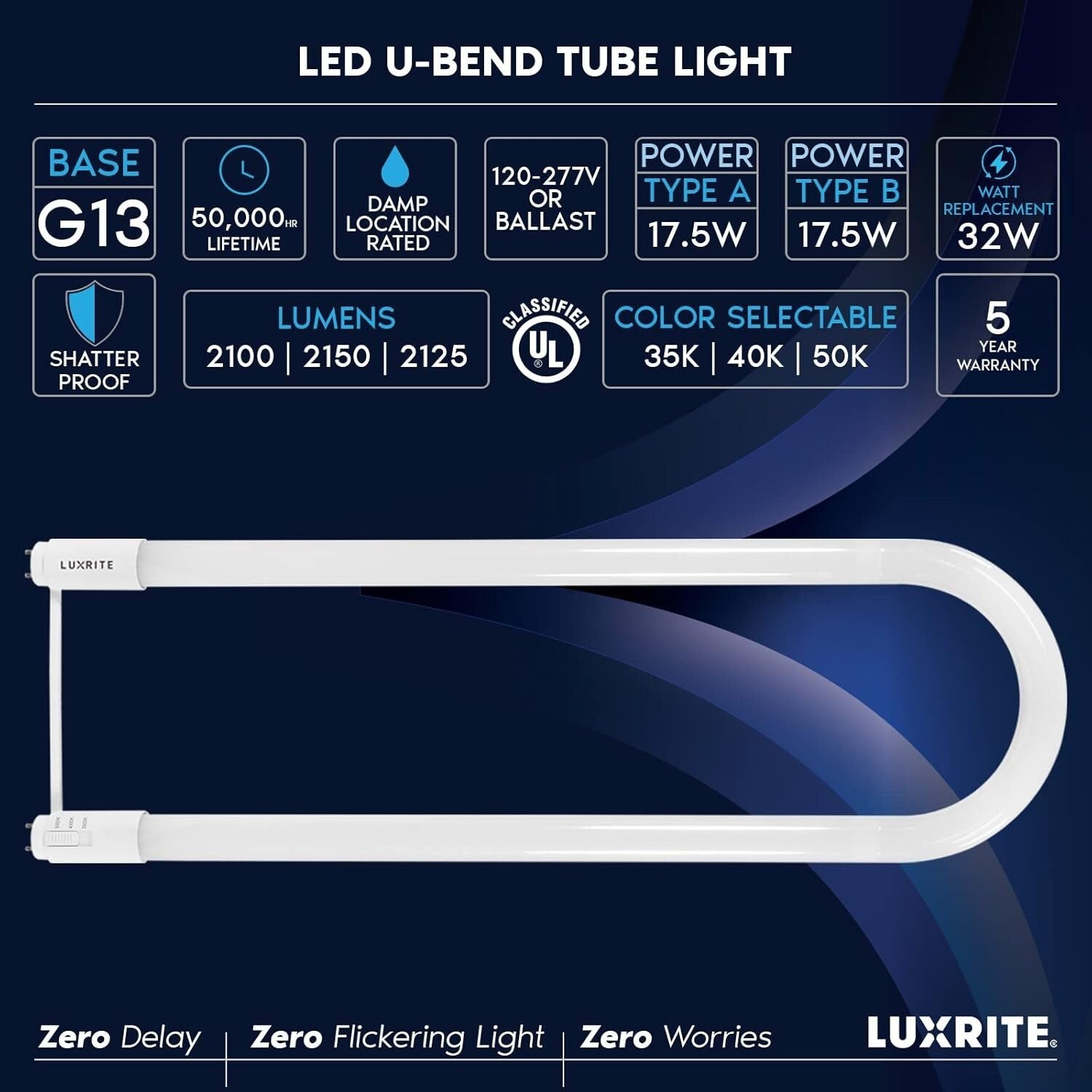 Energy-Efficient T8 U Bend LED Tube Lights - Direct/Bypass Installation, 2-Pack