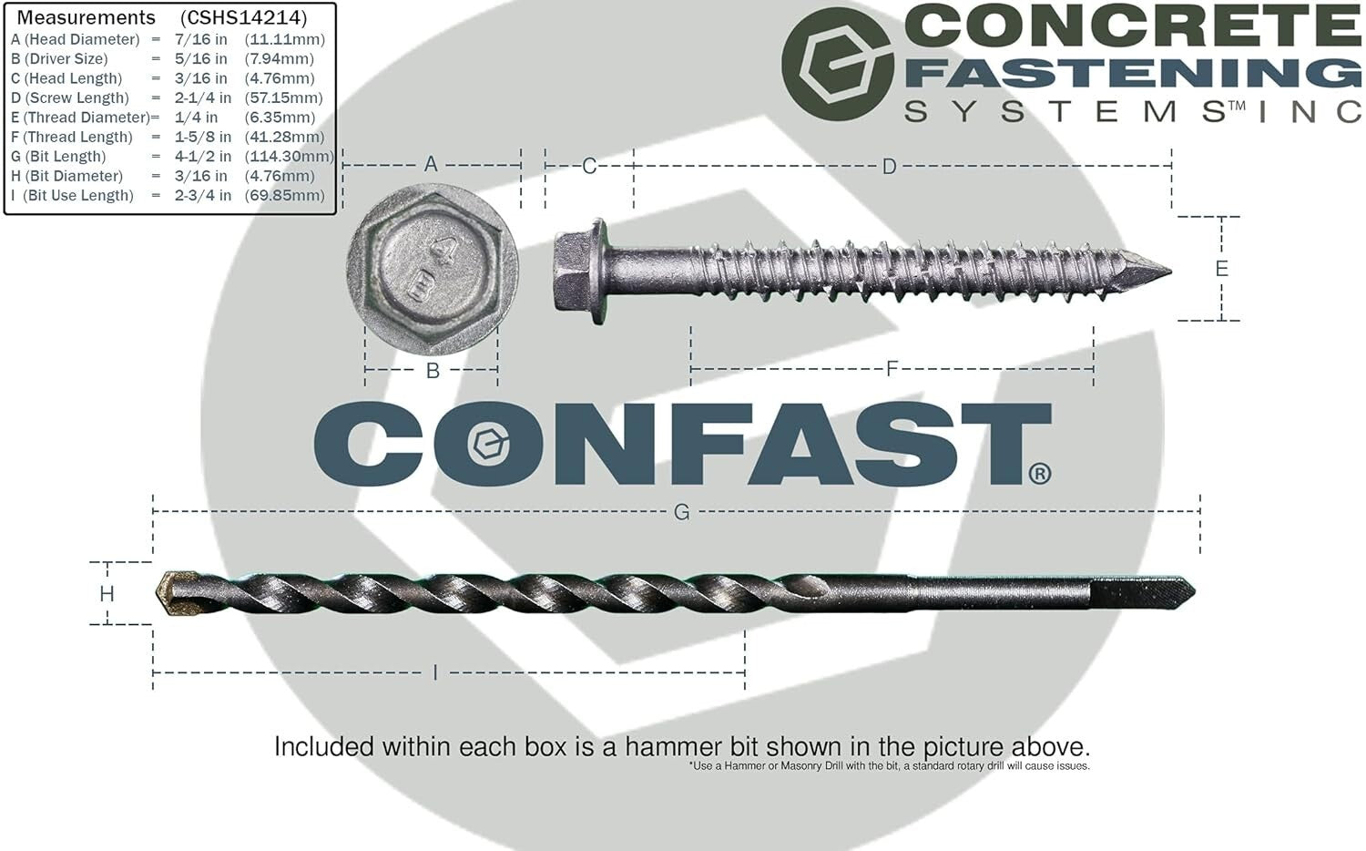 1/4" x 2-1/4" 410 Stainless Steel Hex Concrete Screws with Drill Bit - 50 Pack