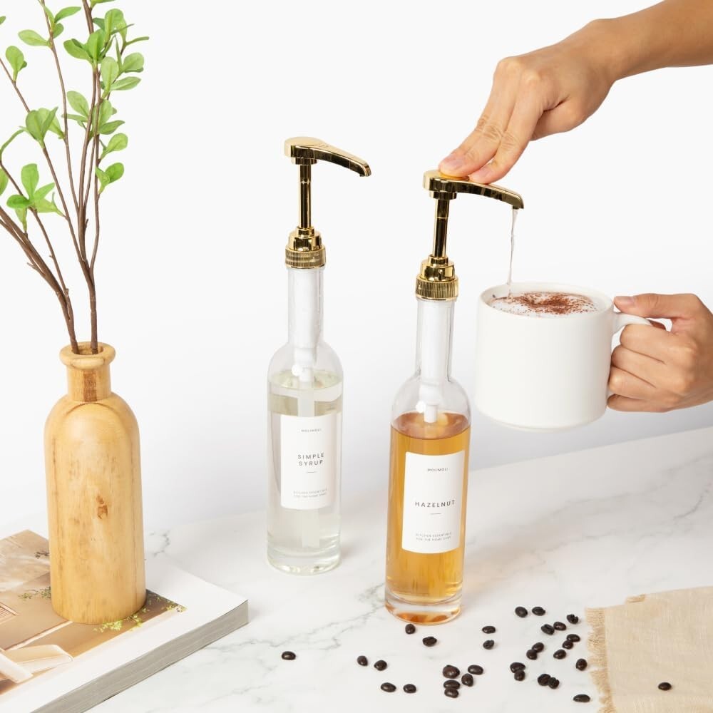 Stylish 350ml Pump Dispenser Set - Gold Syrup Bottles with Custom Labels