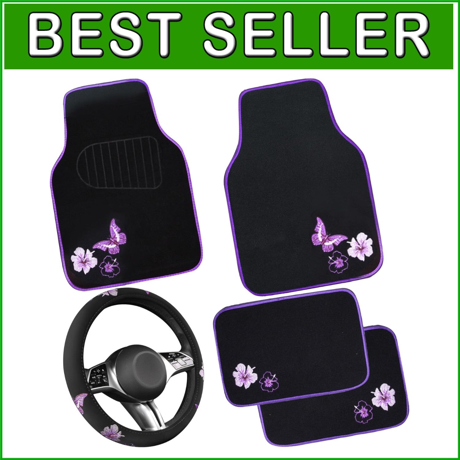 Elegant Purple Car Mats and Butterfly Steering Wheel Set - Easy Installation