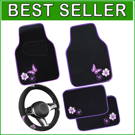 Elegant Purple Car Mats and Butterfly Steering Wheel Set - Easy Installation