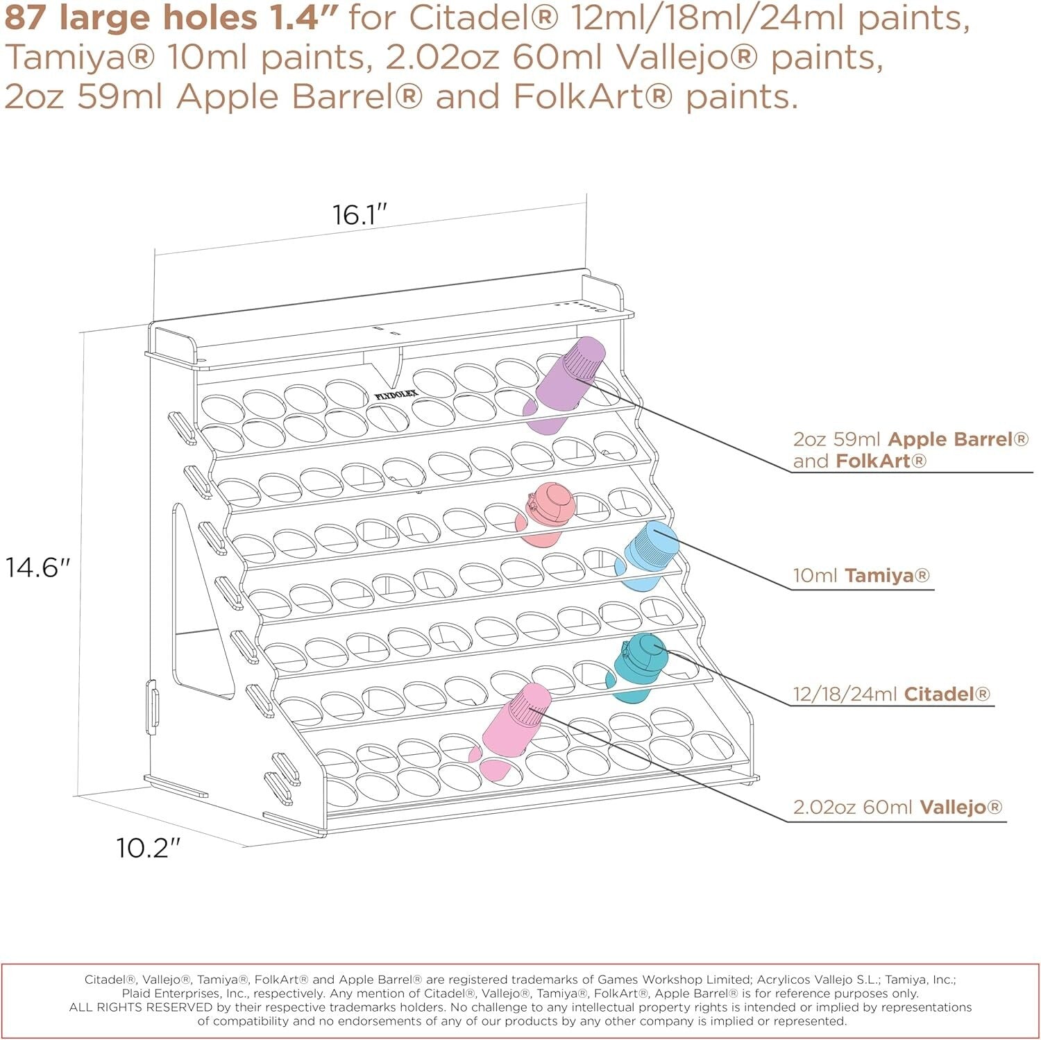 Wooden Paint Organizer for 87 Bottles & 14 Brushes - Ideal for Miniature Artists