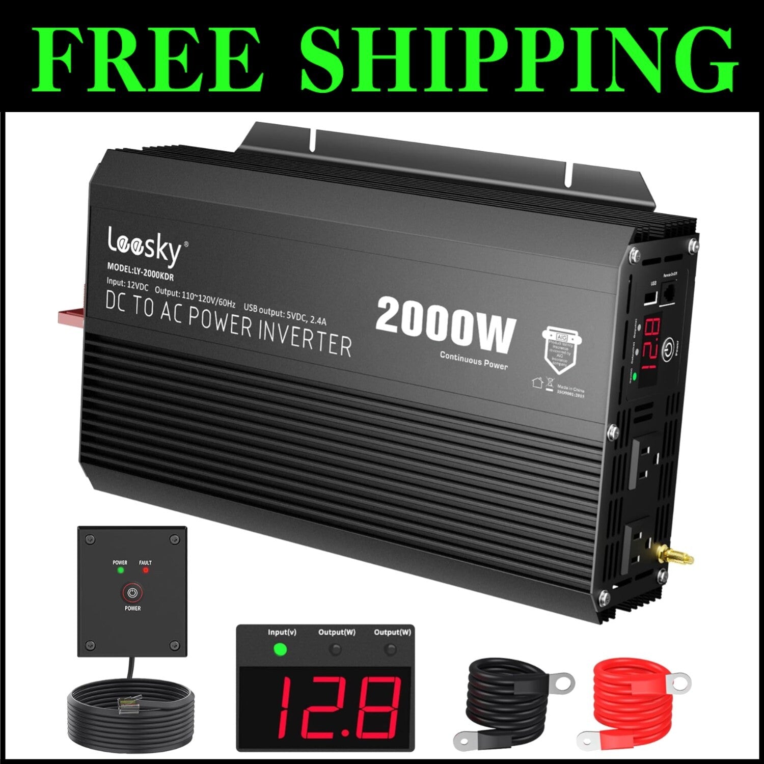 Versatile 2000W Inverter for Car, RV, and Off-Grid Use - Remote & USB Port