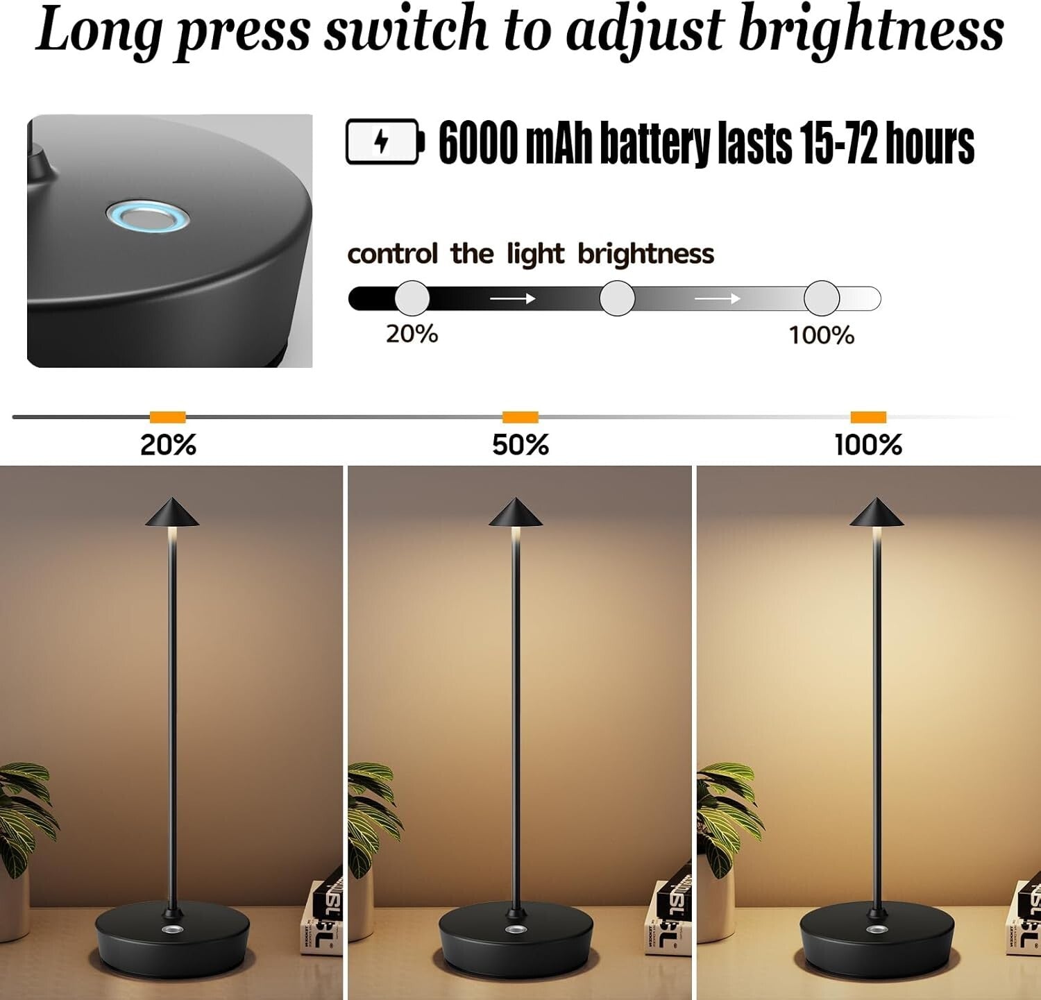 2-Pack Cordless Rechargeable LED Table Lamp with Adjustable Brightness - Black