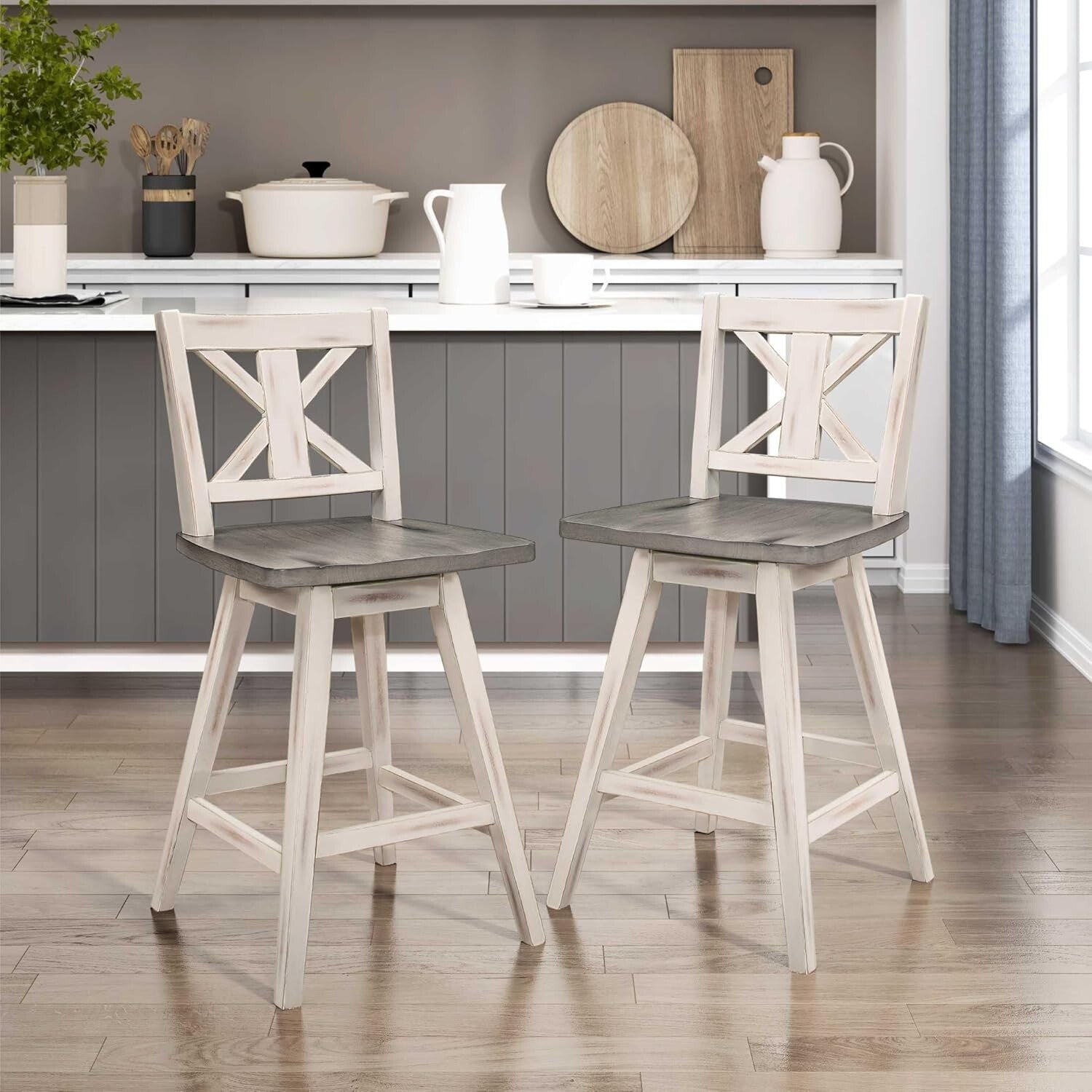 Rustic White High Back Swivel Bar Stools Set of 2 - Perfect for Farmhouse Decor