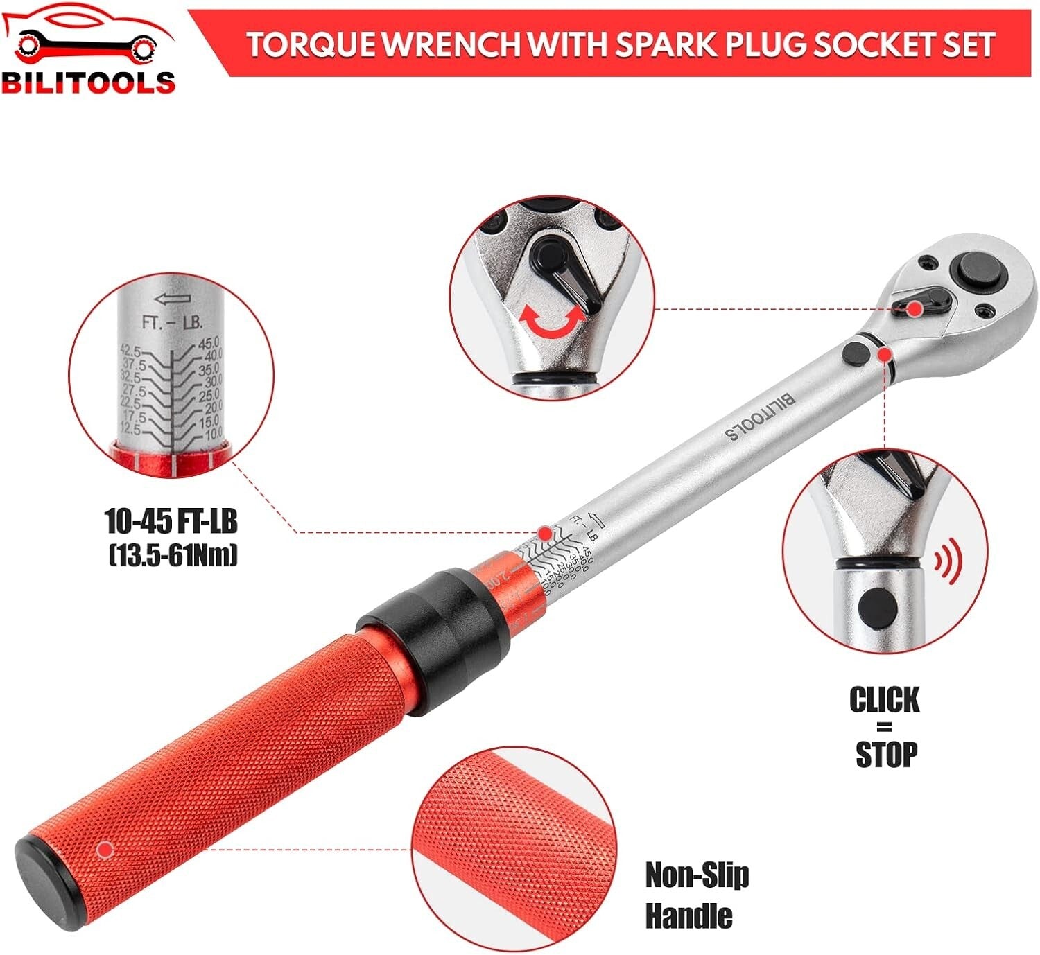 Precision 9-Piece Spark Plug Socket Set with Chrome Vanadium Click Torque Wrench
