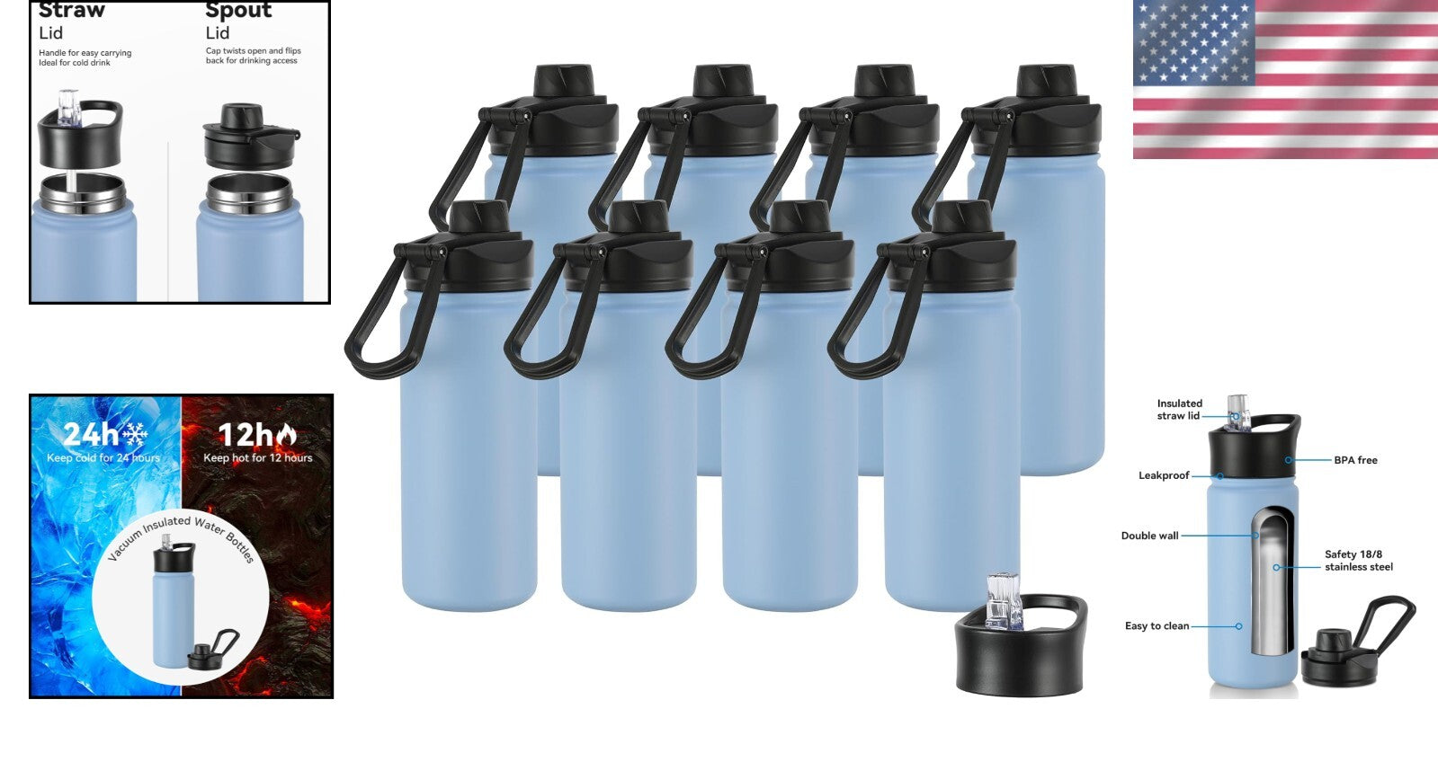 Double Wall Insulated 16 oz Water Bottles – Seafoam Kids Pack with Wide Mouth