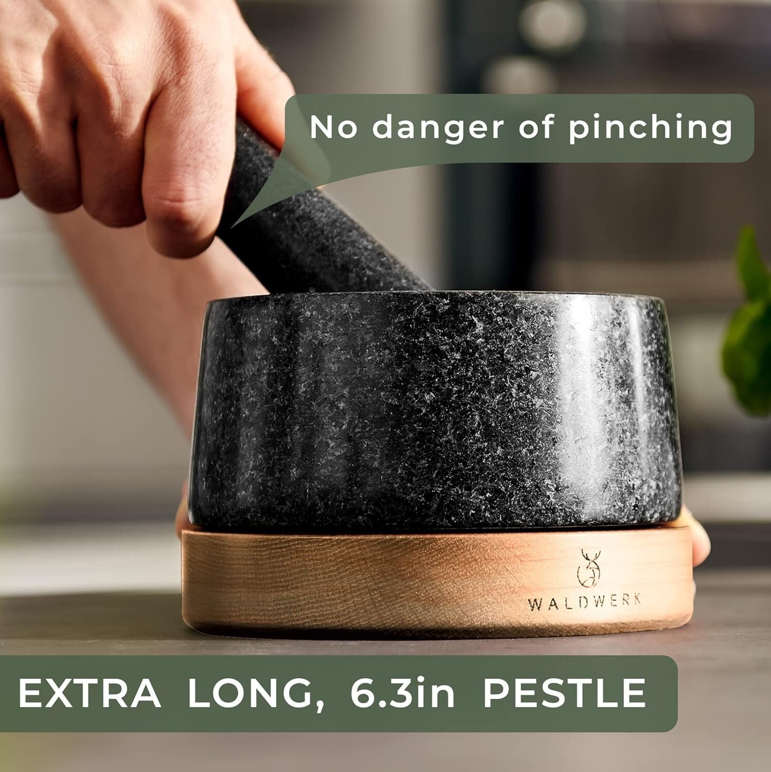 Extra Large Granite Mortar and Pestle Set - Oak Wood Base for Scratch Protection