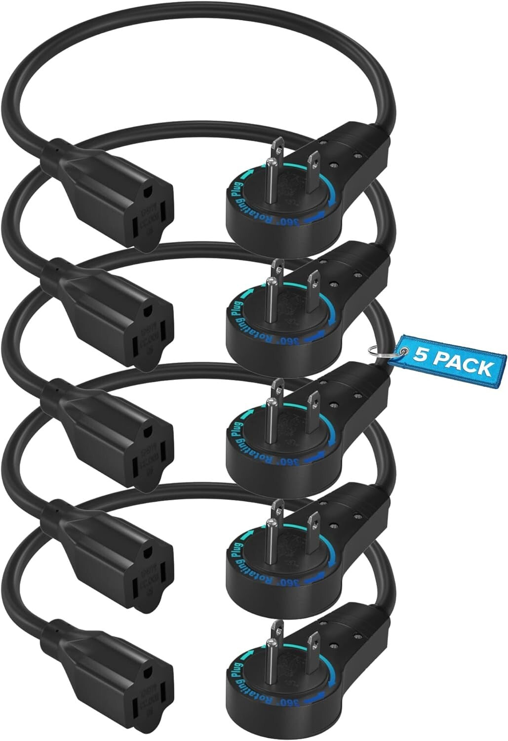 Space-Saving 360° Rotating Extension Cord - Black 5 Pack With Grounded Safety
