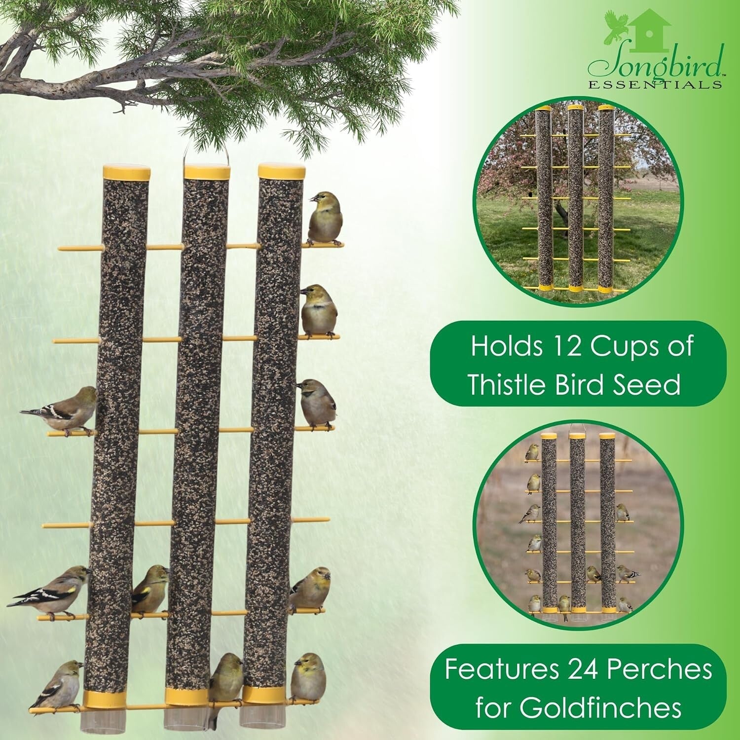 Heavy-Duty 3 Tube Finch Feeder with 24 Feeding Perches - Durable and Easy Clean