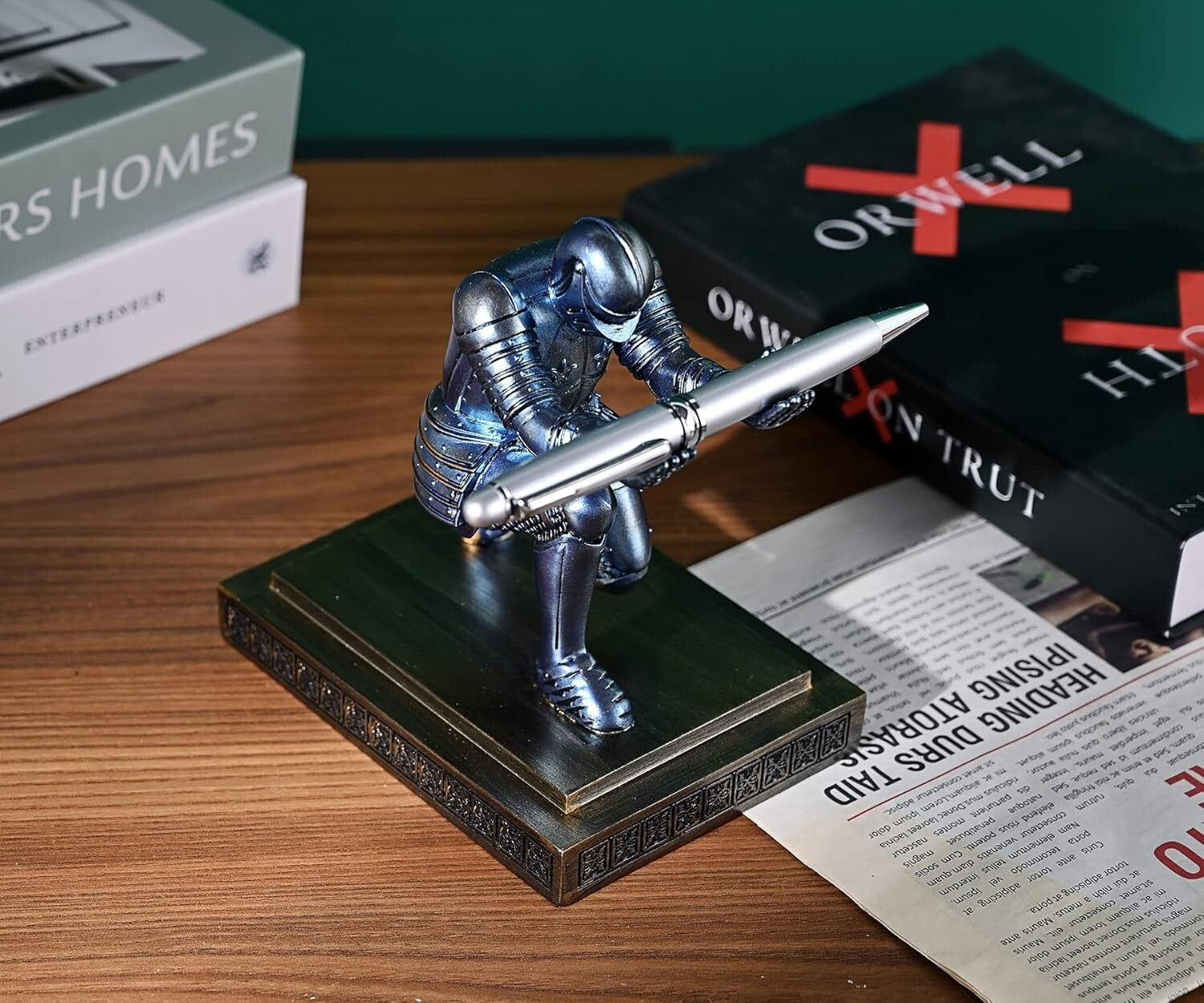 Creative Knight Desk Organizer with Blue Resin Holder and Fancy Pen Included