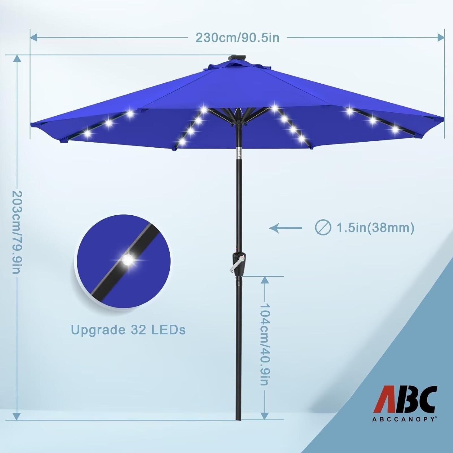 Durable Royal Blue Patio Umbrella with 32 Solar LED Lights - Effortless Shade