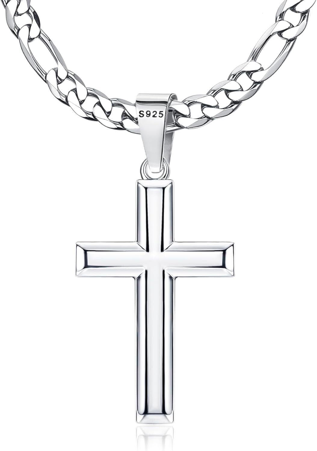 925 Sterling Silver Cross Necklace with Durable Figaro Chain - Gift Box Included