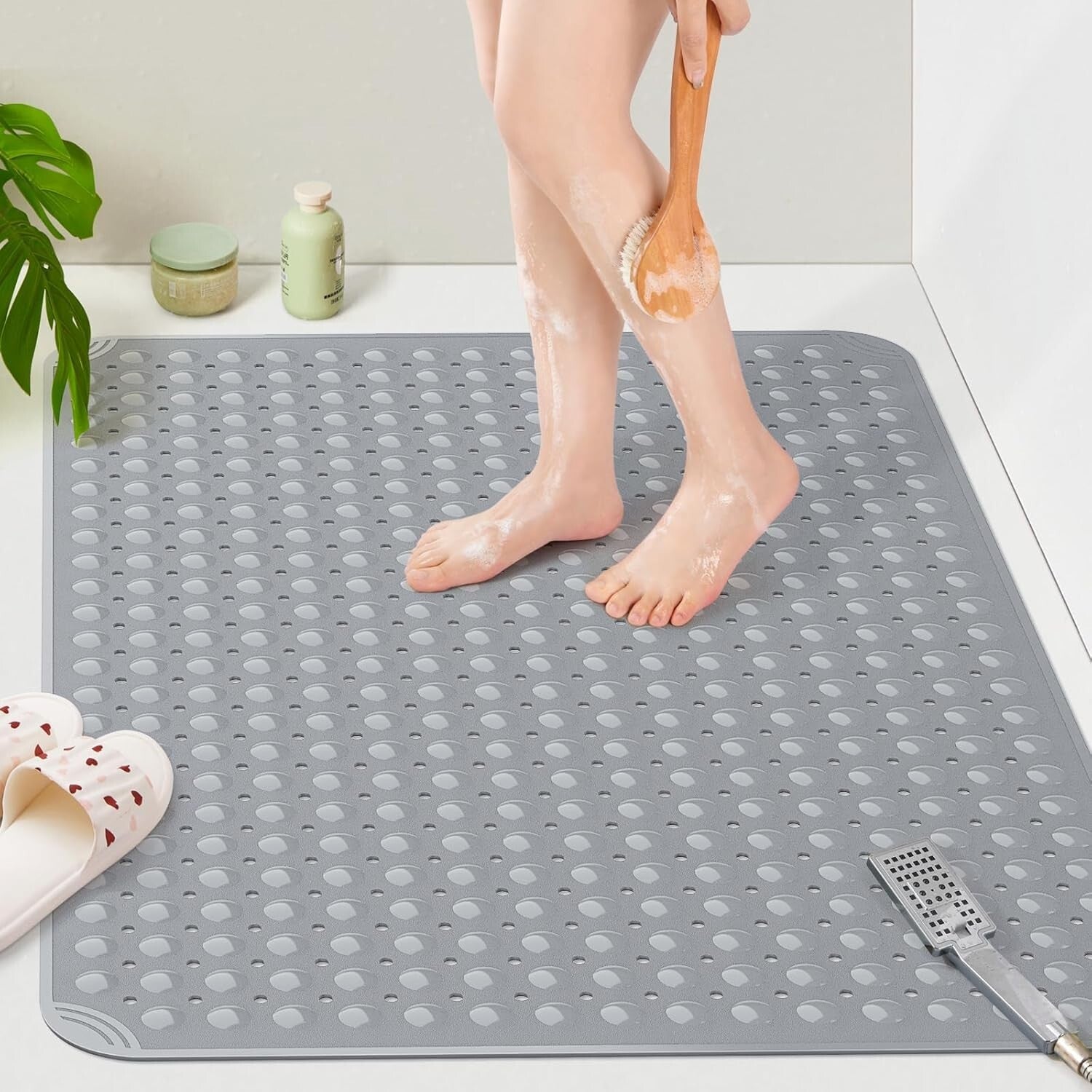 Durable Dark Grey TPE Anti-Slip Shower Mat with Suction Cups - 47.2"x31.5"