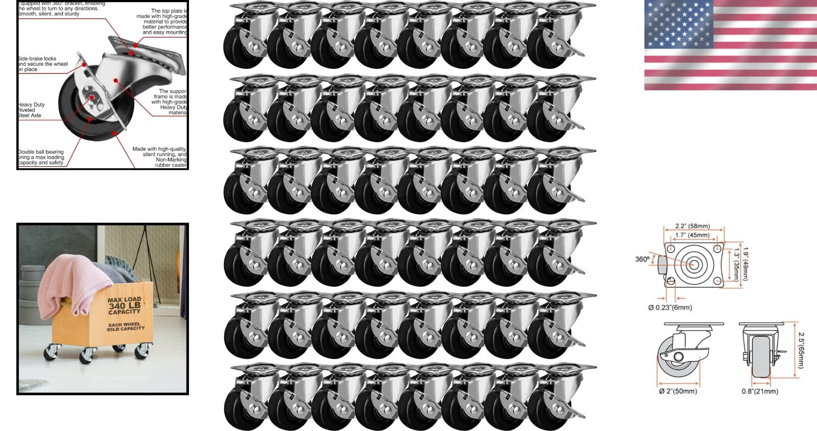 Durable 2" Swivel Casters with Brake - Ultimate Mobility Solution 48 Pcs