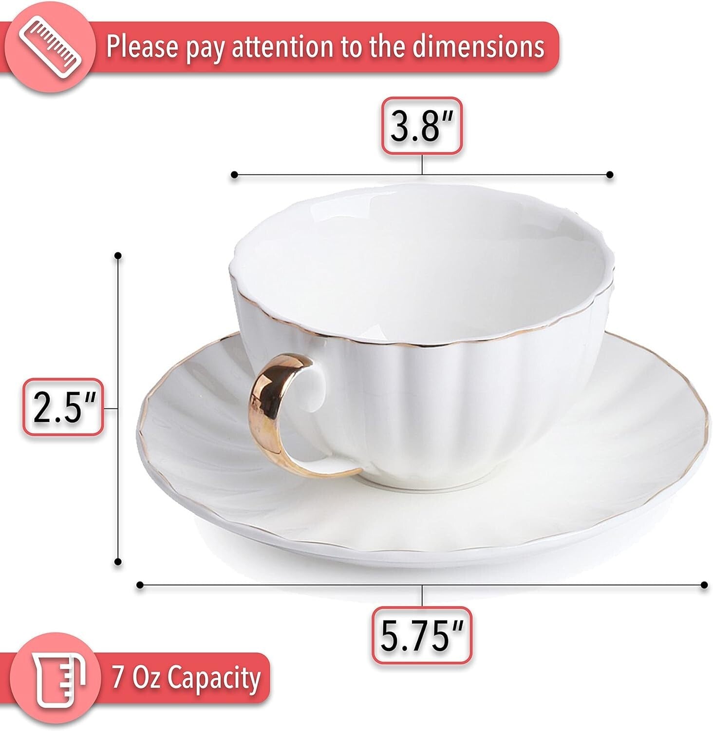 Luxurious 7 oz White Tea Cups and Saucers Set with Golden Trim - Gift Ready!