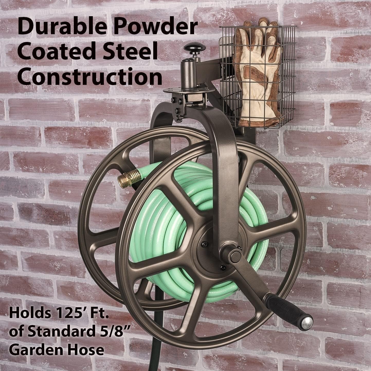 Rotating Bronze Hose Reel Holds 125ft Hose: Garden Essentials for Neat Storage
