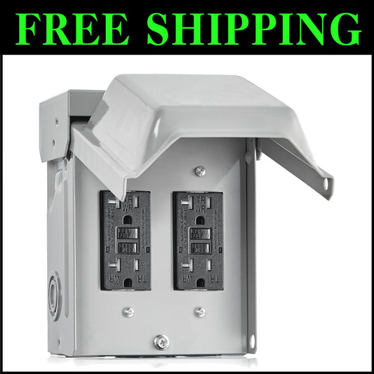 Dual 20 AMP GFCI Outdoor Outlet Box - Rainproof Steel Enclosure for Durability