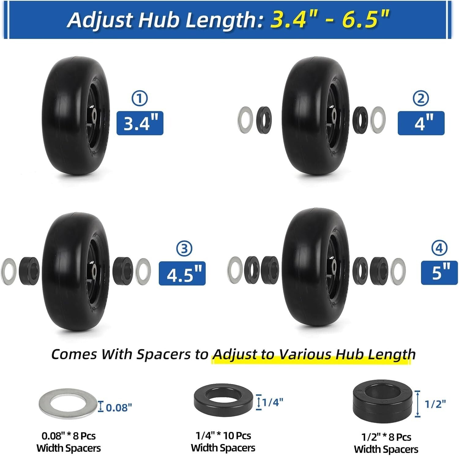 All-Season Flat Free Lawn Mower Tire Wheel with Adjustable Bushings, 2 Pack