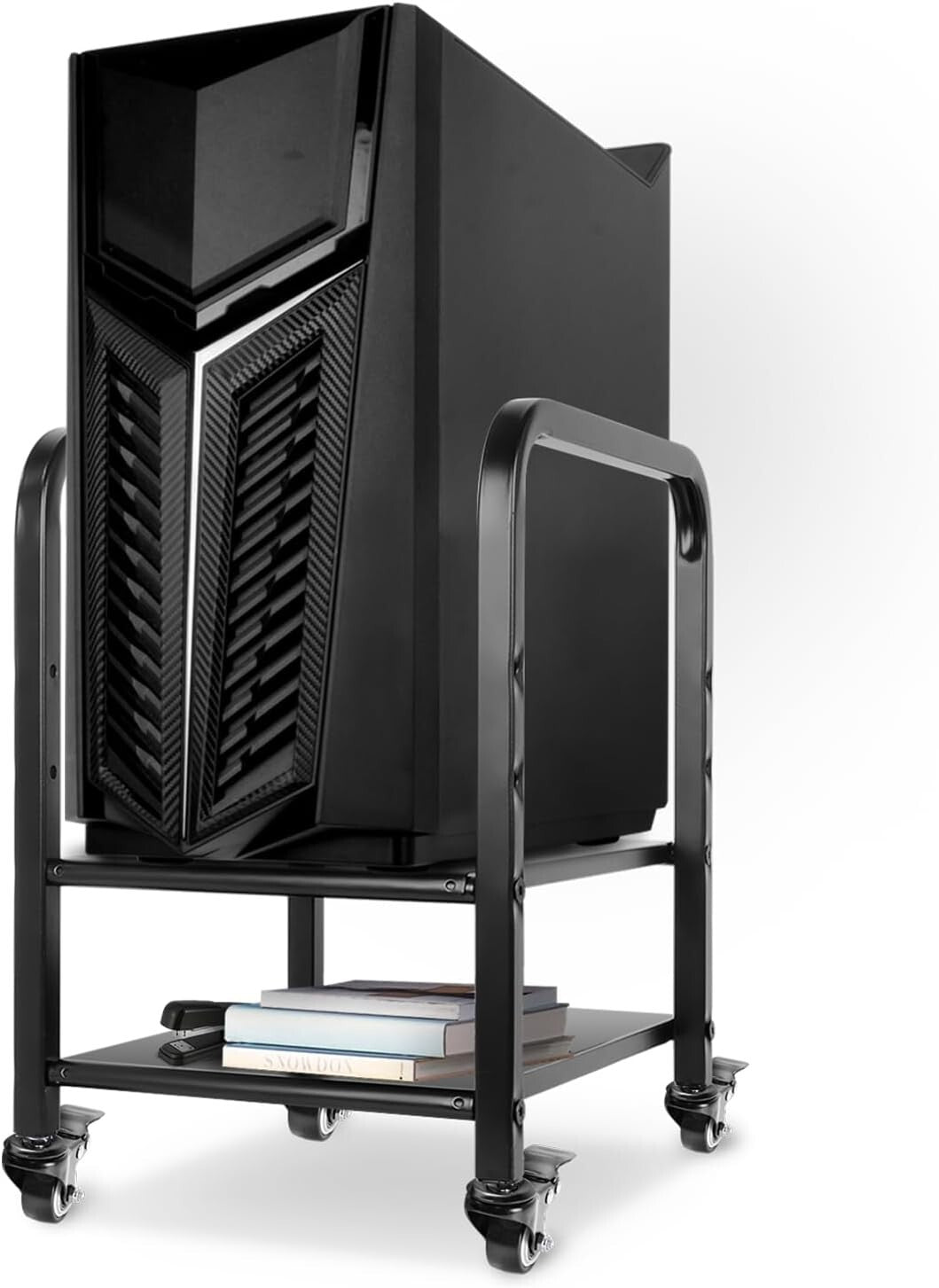 Efficient Computer Case Stand with 2-Tier Design and Mobile Caster Wheels