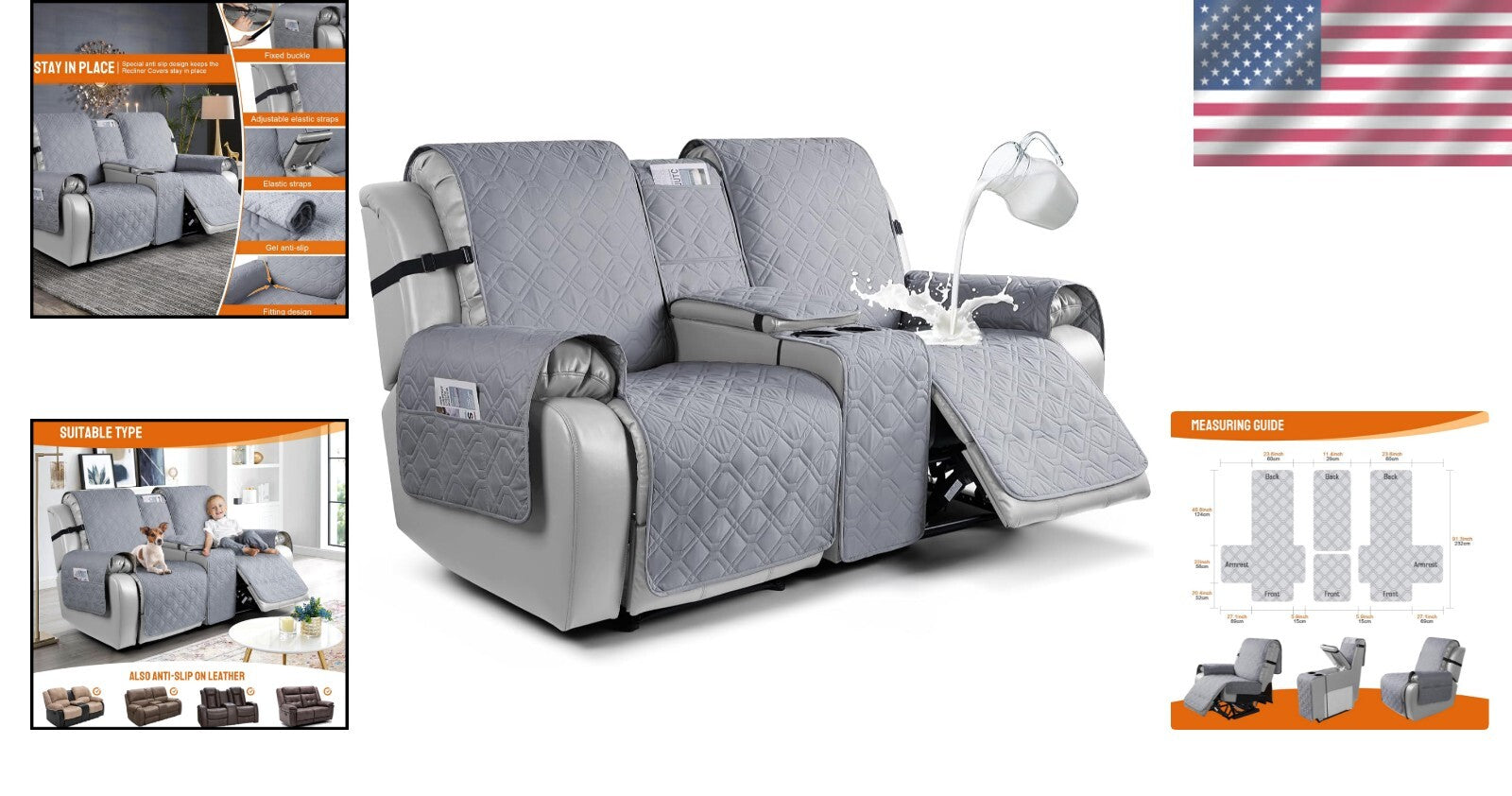 Slip-Resistant Two-Seater Recliner Cover with Console & Side Pockets - Easy Care
