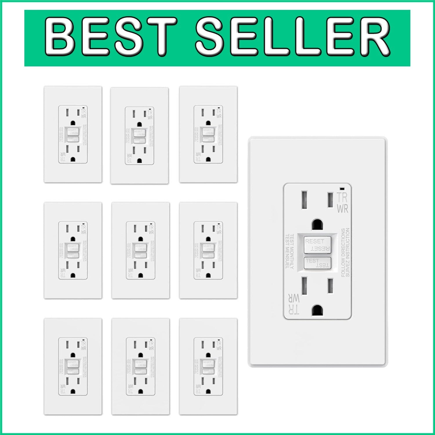 15 Amp Outdoor GFCI Outlet - Self-Testing, Tamper & Weather Resistant, 10 Pack