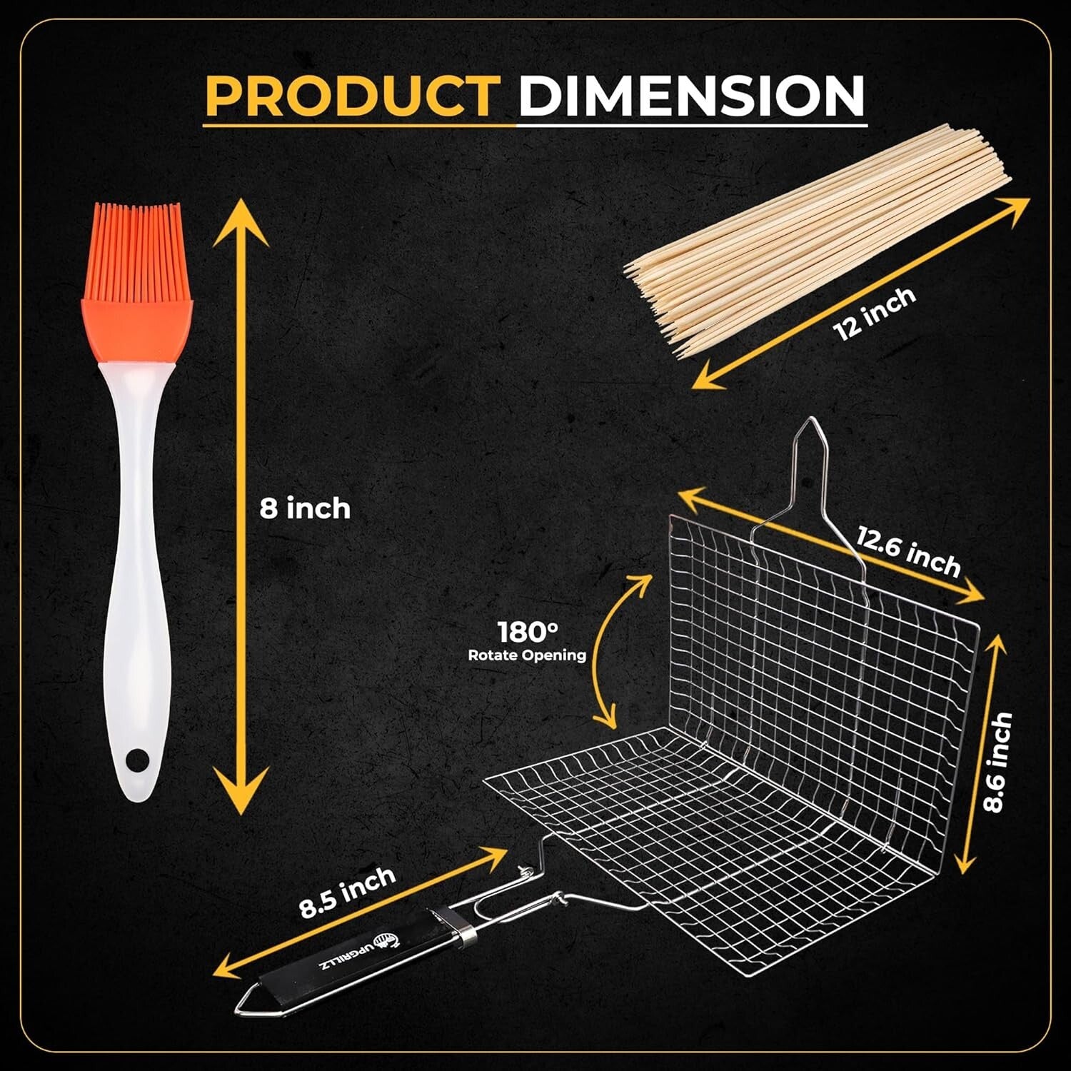Rustproof Stainless Steel Fish Grilling Basket with Skewers & Basting Brush Pack