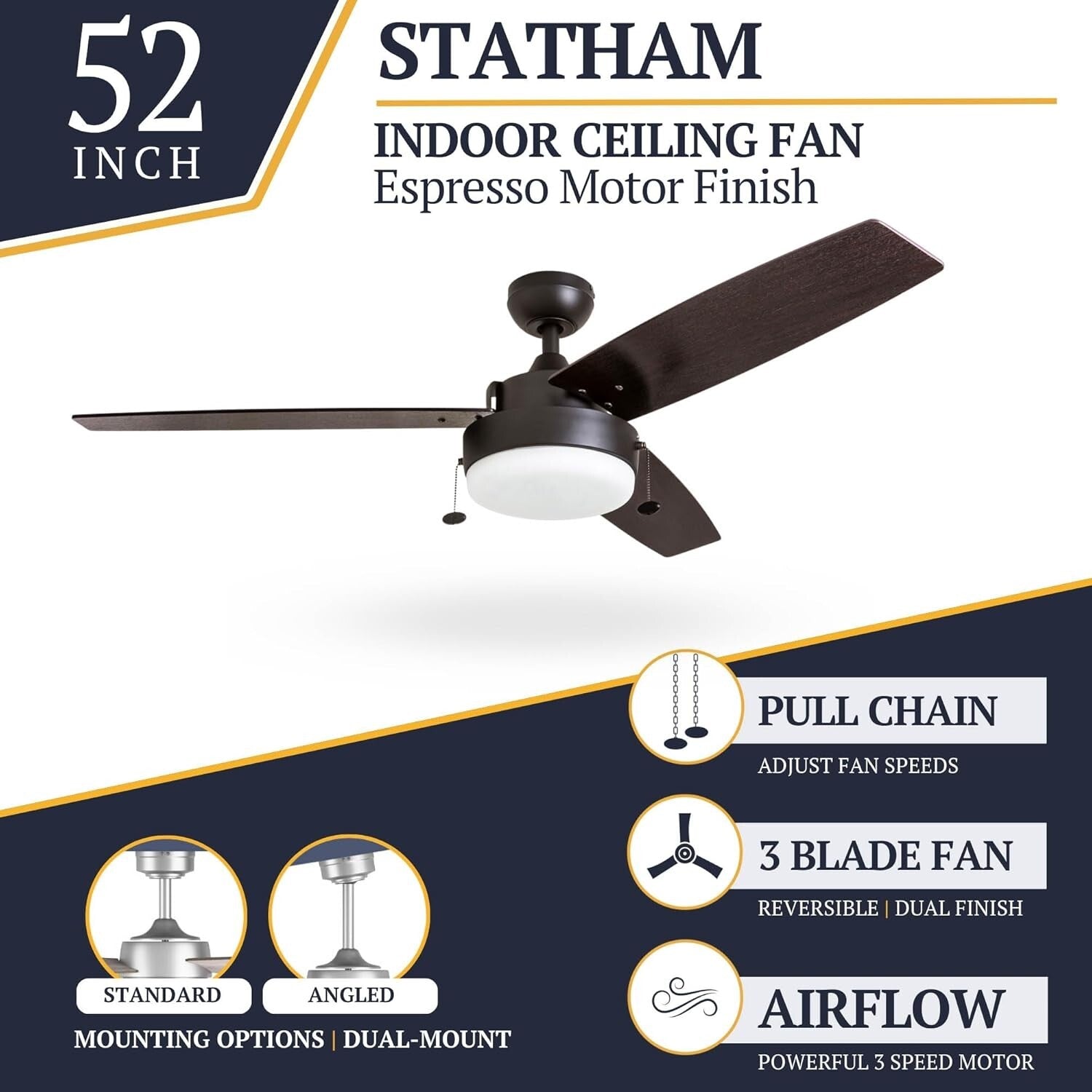 52" Contemporary Ceiling Fan with LED Light & Pull Chain - Espresso Finish