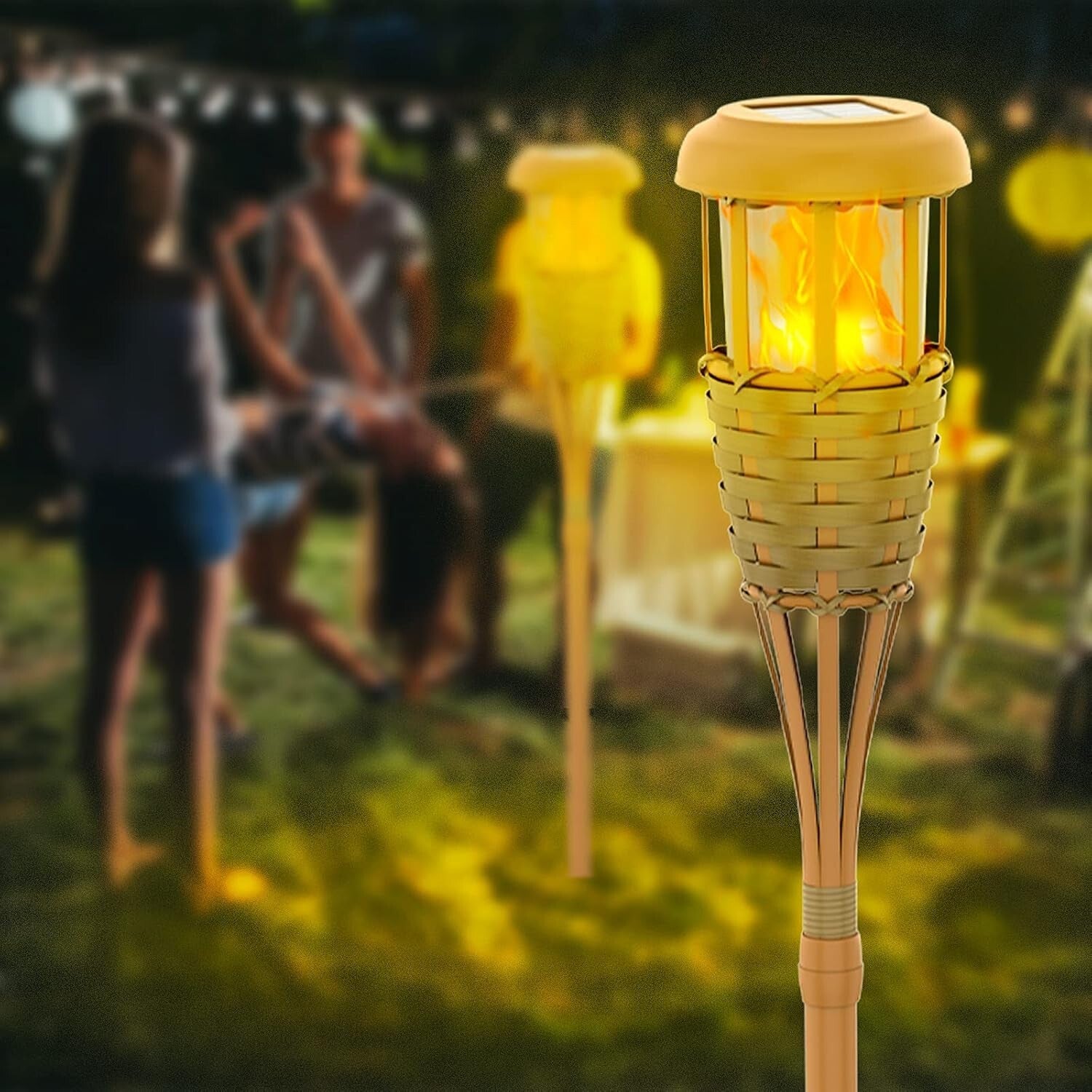 Classic Yellow Solar Torch Lights - 8 Pack with Adjustable Height & Flame Effect